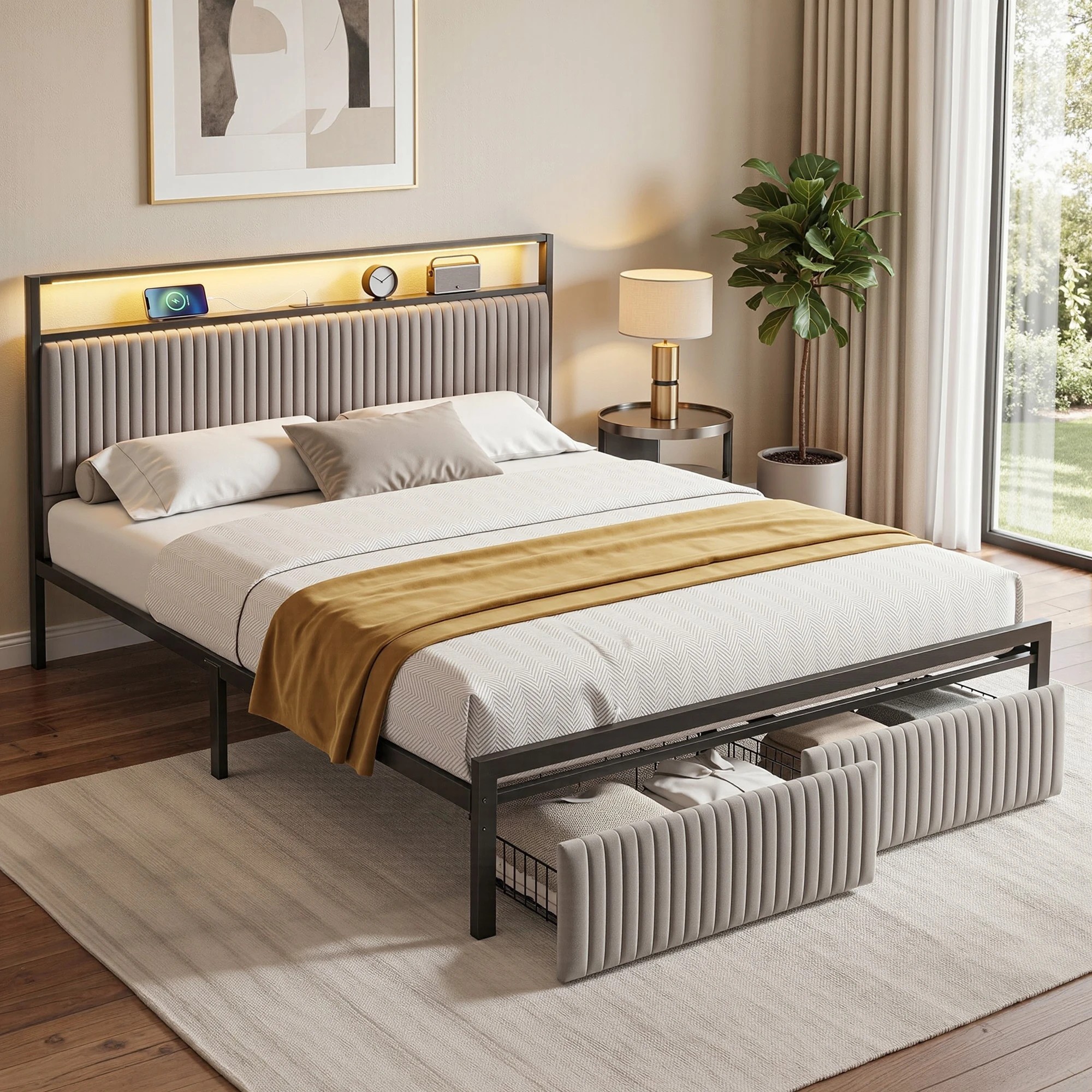 8 Artiss Metal Bed Frame Queen Size LED Charging Station 2 Drawers - Black, 8 of 8