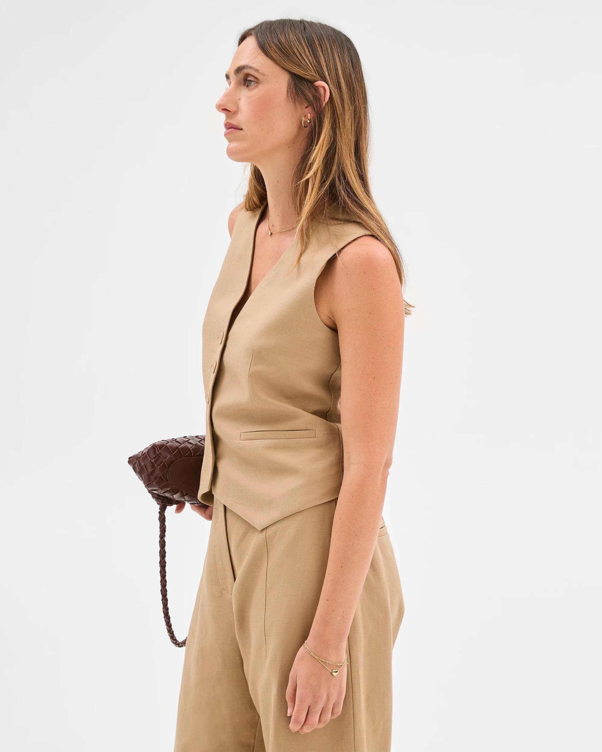 6 Preview Linen Blend Short Vest FAWN, 6 of 6