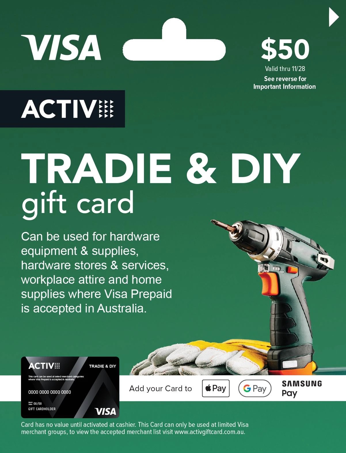 1 Activ VISA $50 Tradie & DIY Gift Card