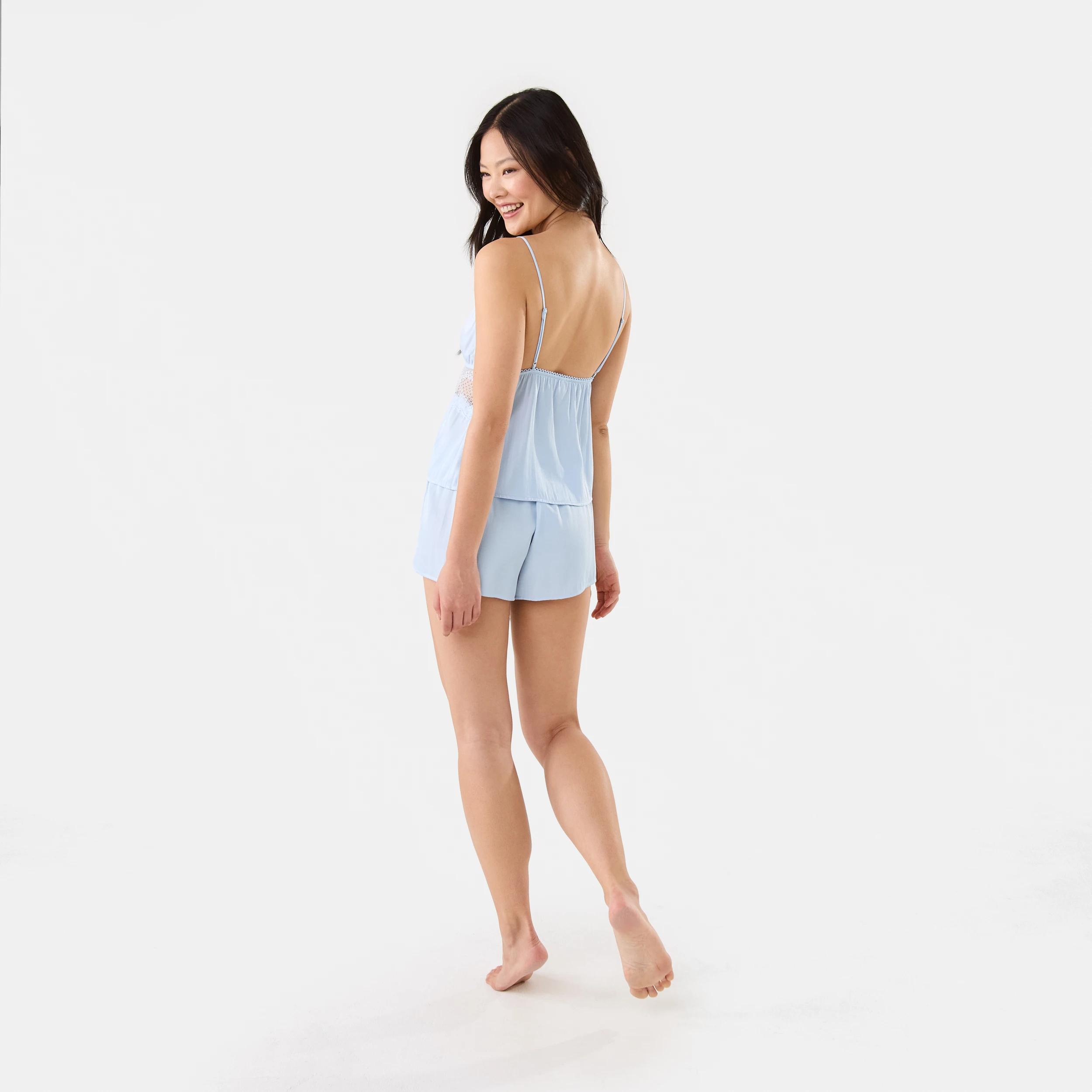 4 Sleeveless Matte Satin Lace Tie Top and Shorts Pyjama Set Halo Blue, 4 of 8