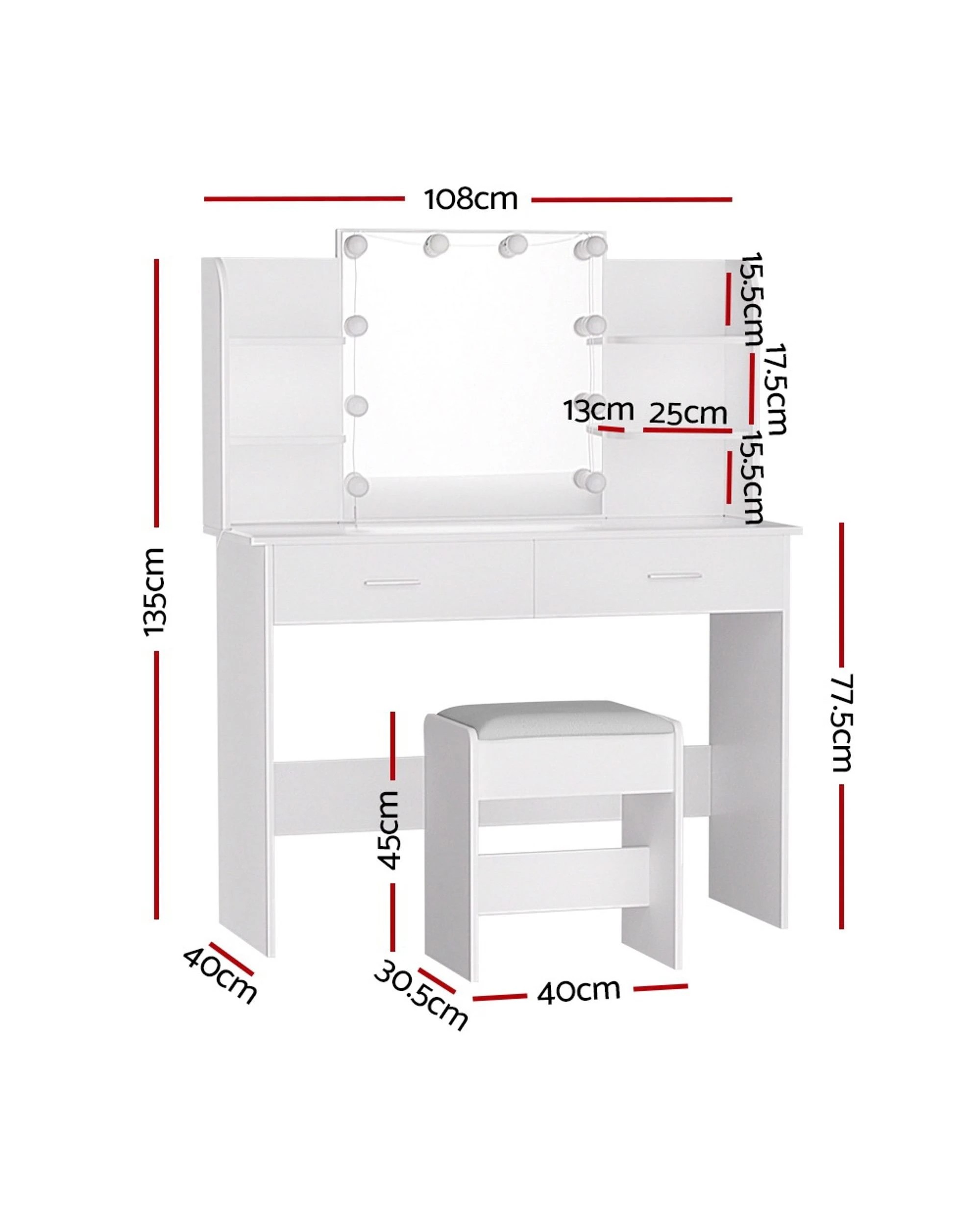 2 Artiss Dressing Table Set Stool 10 Led Bulbs
 - White, 2 of 3