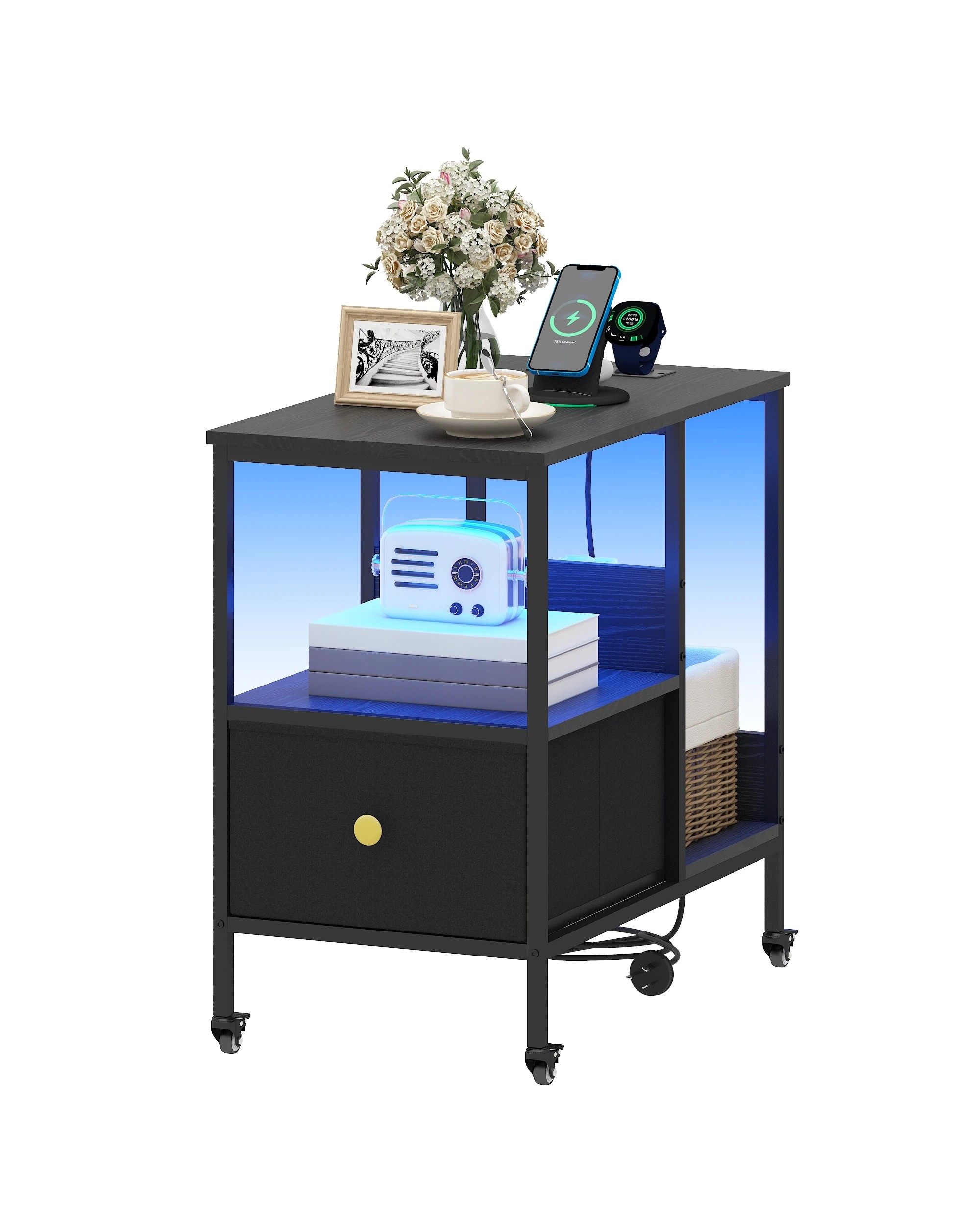 1 Advwin LED Side Table Sofa End Table w/ Power Outlets & Wheels Slim Bedside Table w/Reversible Drawer  - Black, 1 of 10