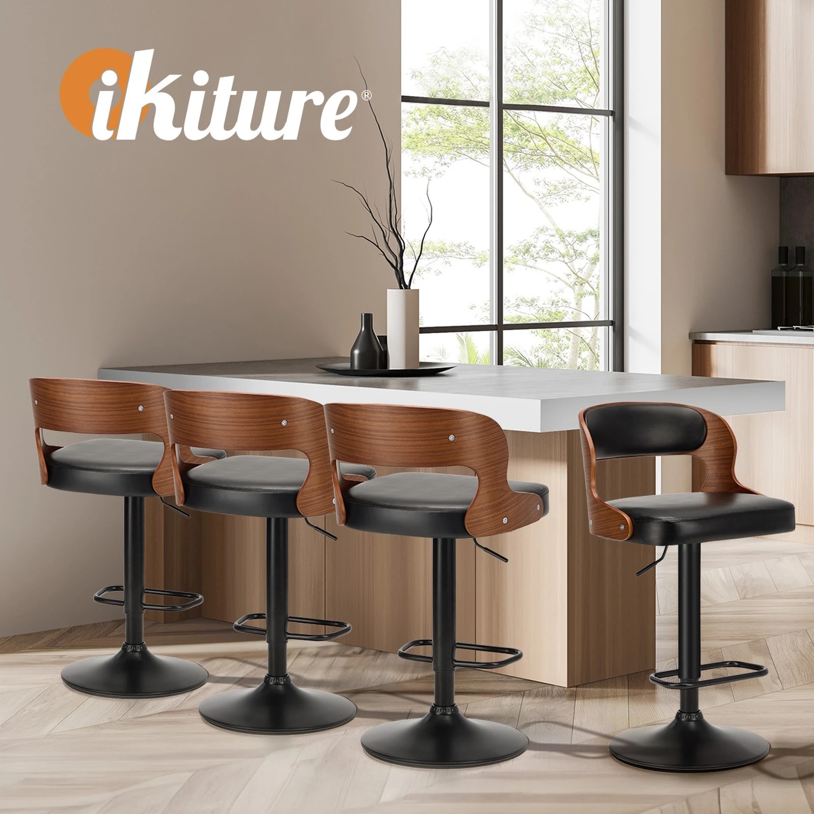 6 Oikiture 4x Bar Stools Kitchen Gas Lift Swivel Chairs - Black, 6 of 9