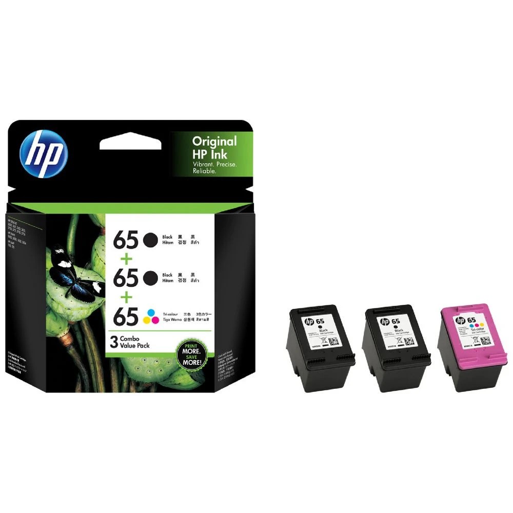1 HP 65 Black and Colour Ink Cartridges 3 Pack, 1 of 6