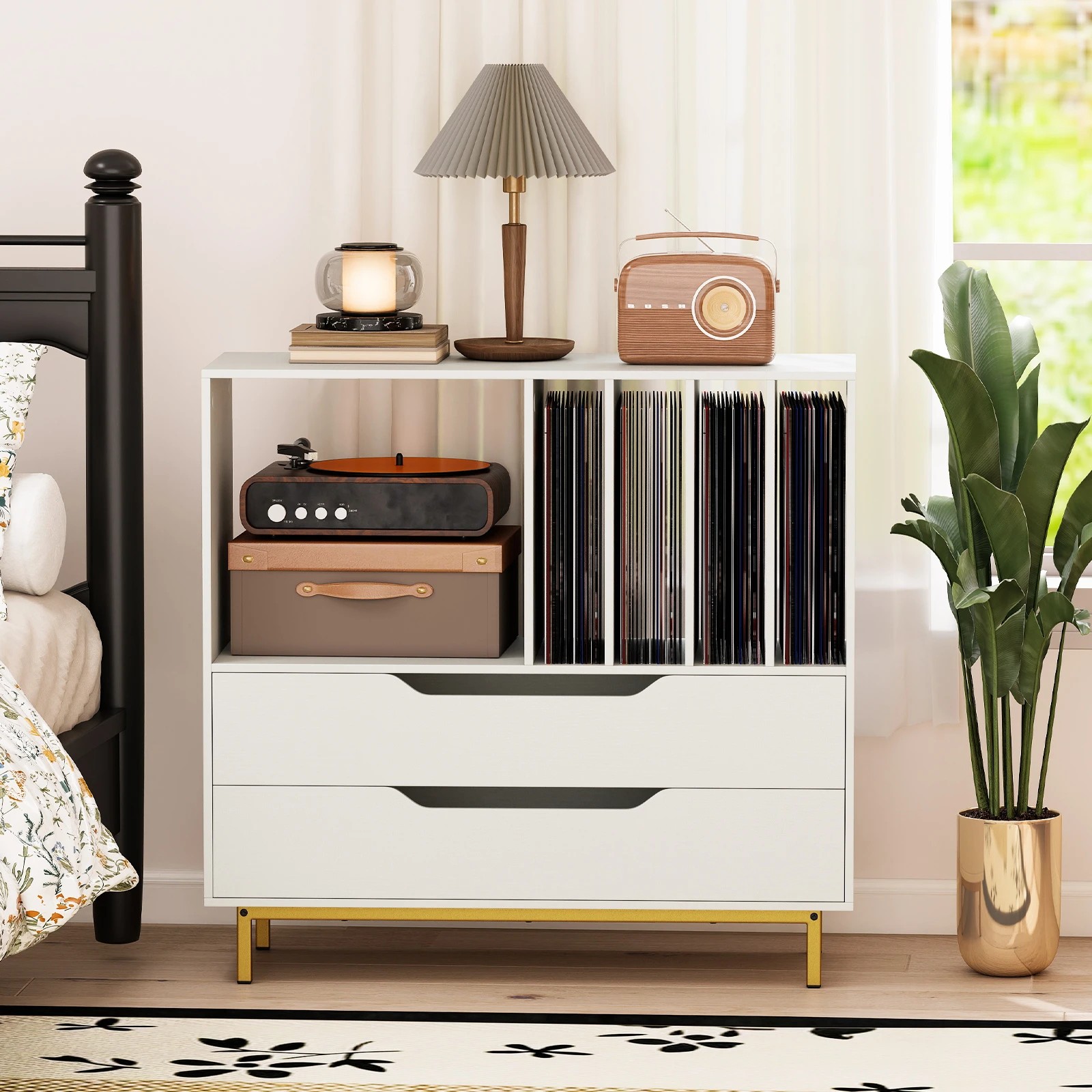 5 Costway Retro Record Player Stand 4 Vinyl Storage Racks w/2 Drawers - White, 5 of 7