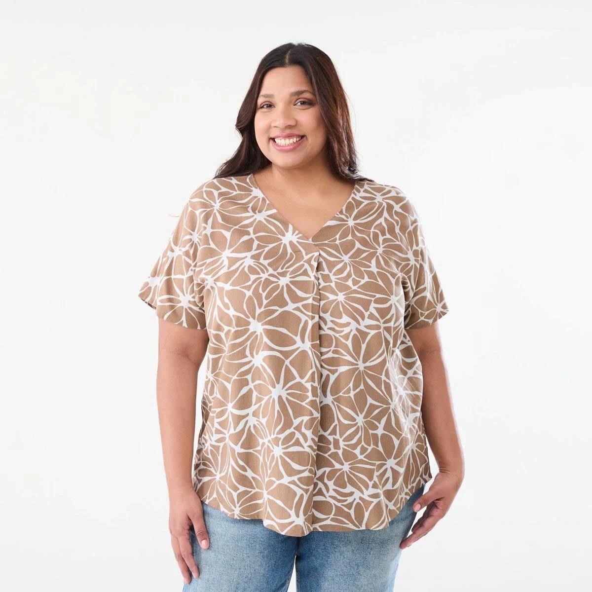 1 Curve Short Sleeve Woven Top BROKEN FLORAL DUNE BEIGE, 1 of 5