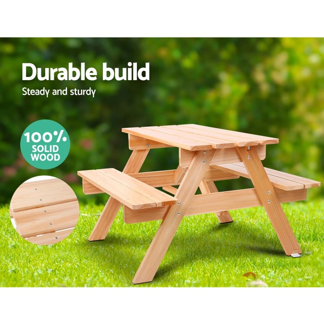 5 Keezi Kids Outdoor Table and Chairs Wooden Picnic Bench Set Umbrella - Natural, 5 of 10