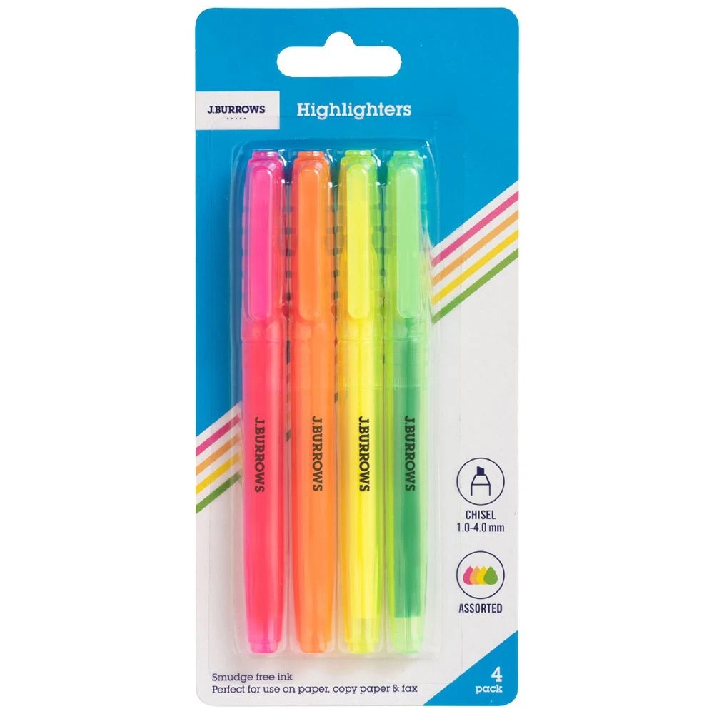 1 J.Burrows Pen Style Highlighters Assorted 4 Pack, 1 of 2