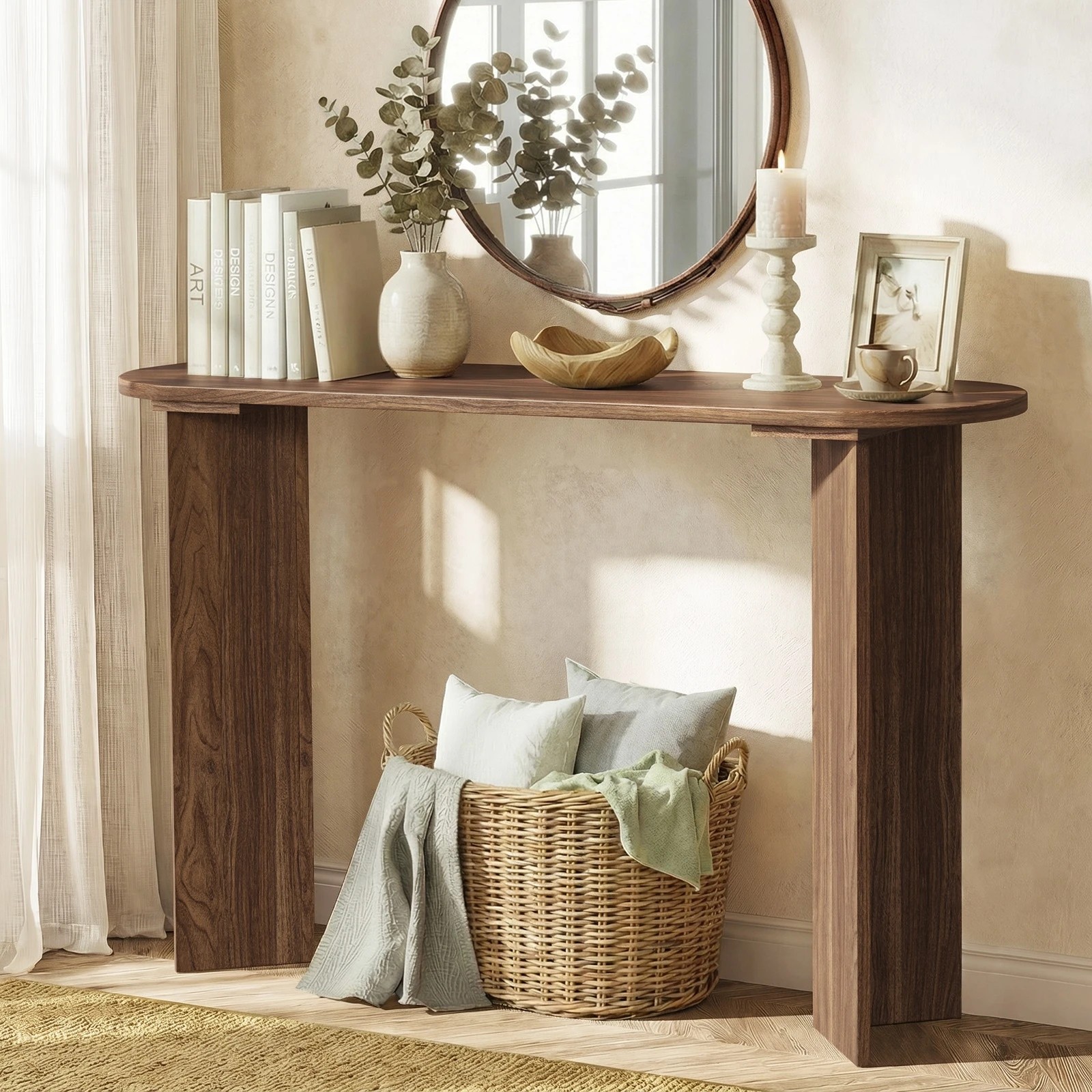 3 Oikiture Console Table Oval Entryway Storage Hallway Sofa Side Desk - Brown, 3 of 8