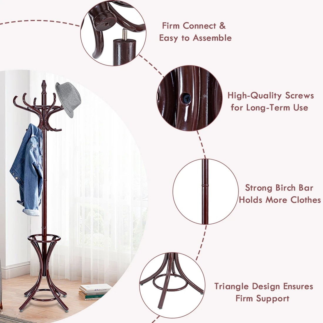 6 Costway 12 Hook Wood Coat & Hat Rack Clothes Stand Storage Tree Shelf, 6 of 10