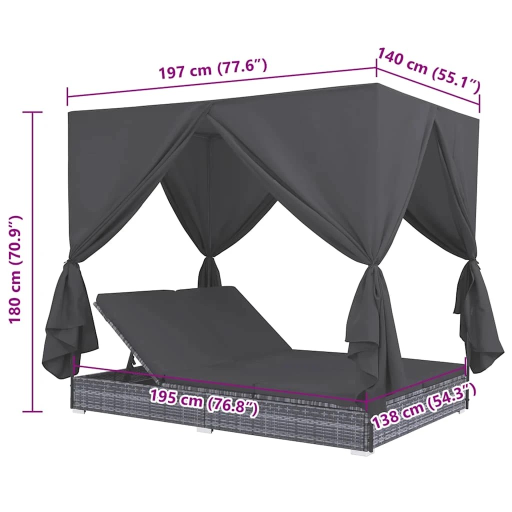 6 vidaXL Outdoor Lounge Bed With Curtains Poly Rattan - Grey, 6 of 6