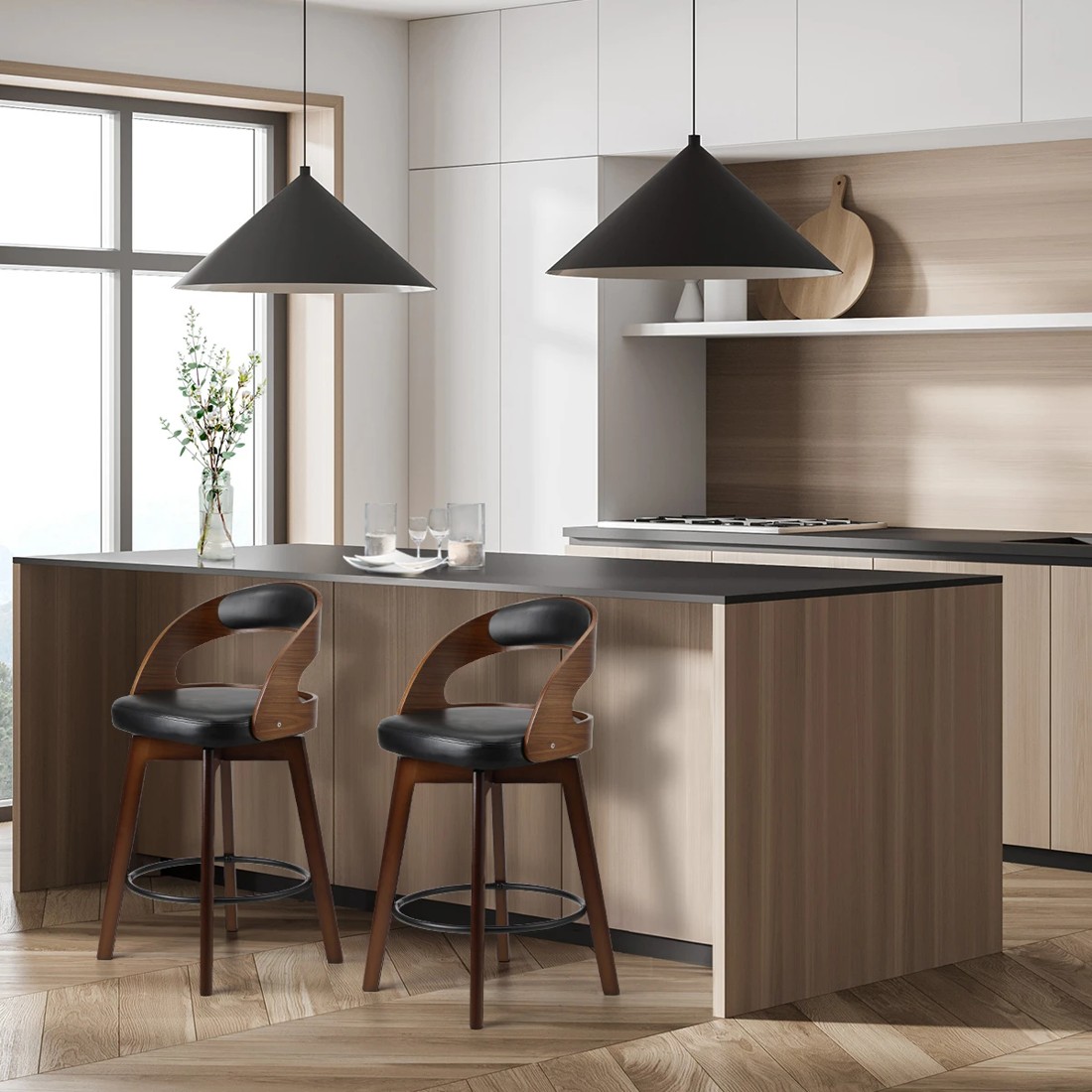 3 Oikiture 2x Bar Stools Kitchen Counter Stool Swivel Dining Chair Pu Leather
 - Black, 3 of 9