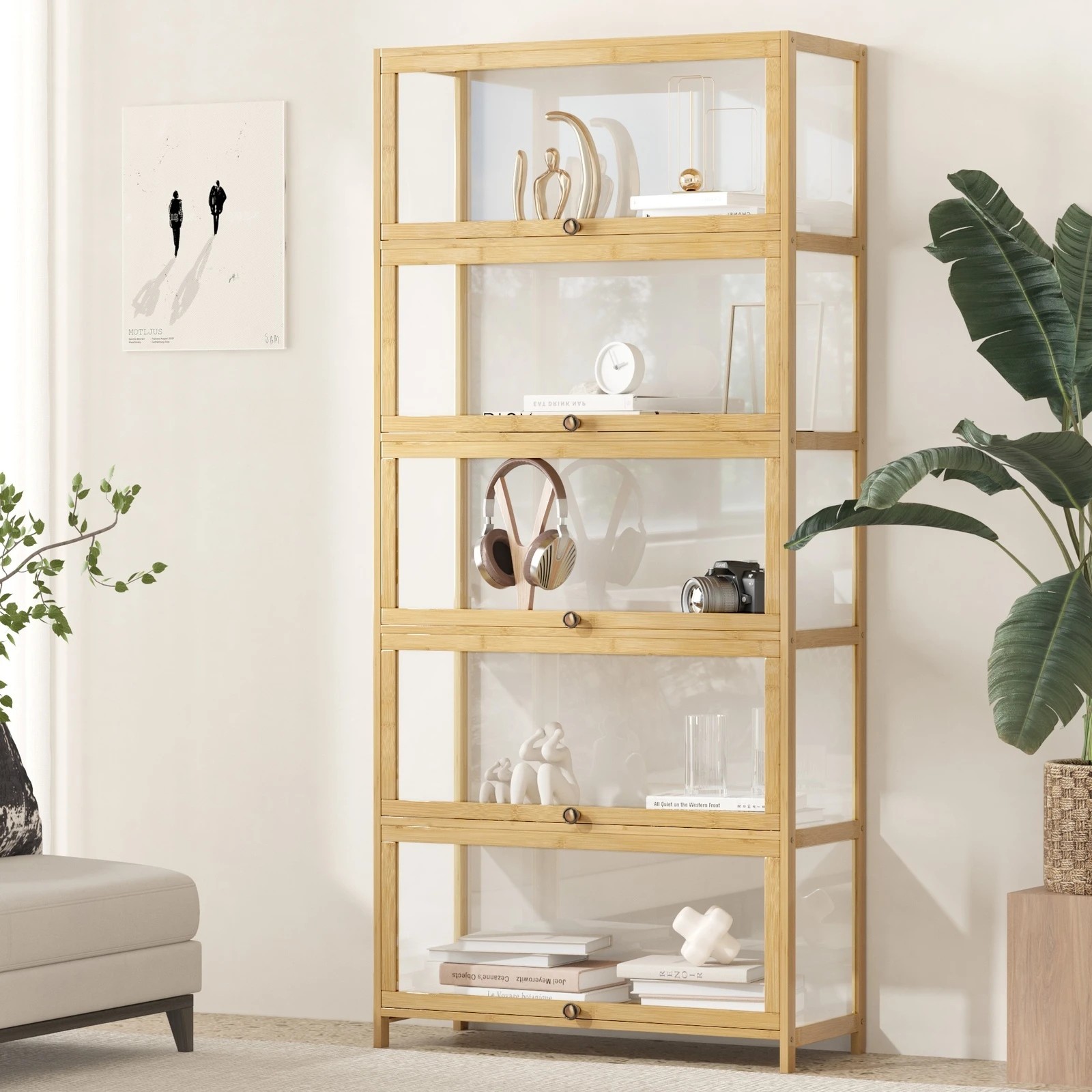 2 Oikiture Display Cabinet Storage 5-tier Shelves Clear Bookcase Stand Rack
 - Natural, 2 of 9