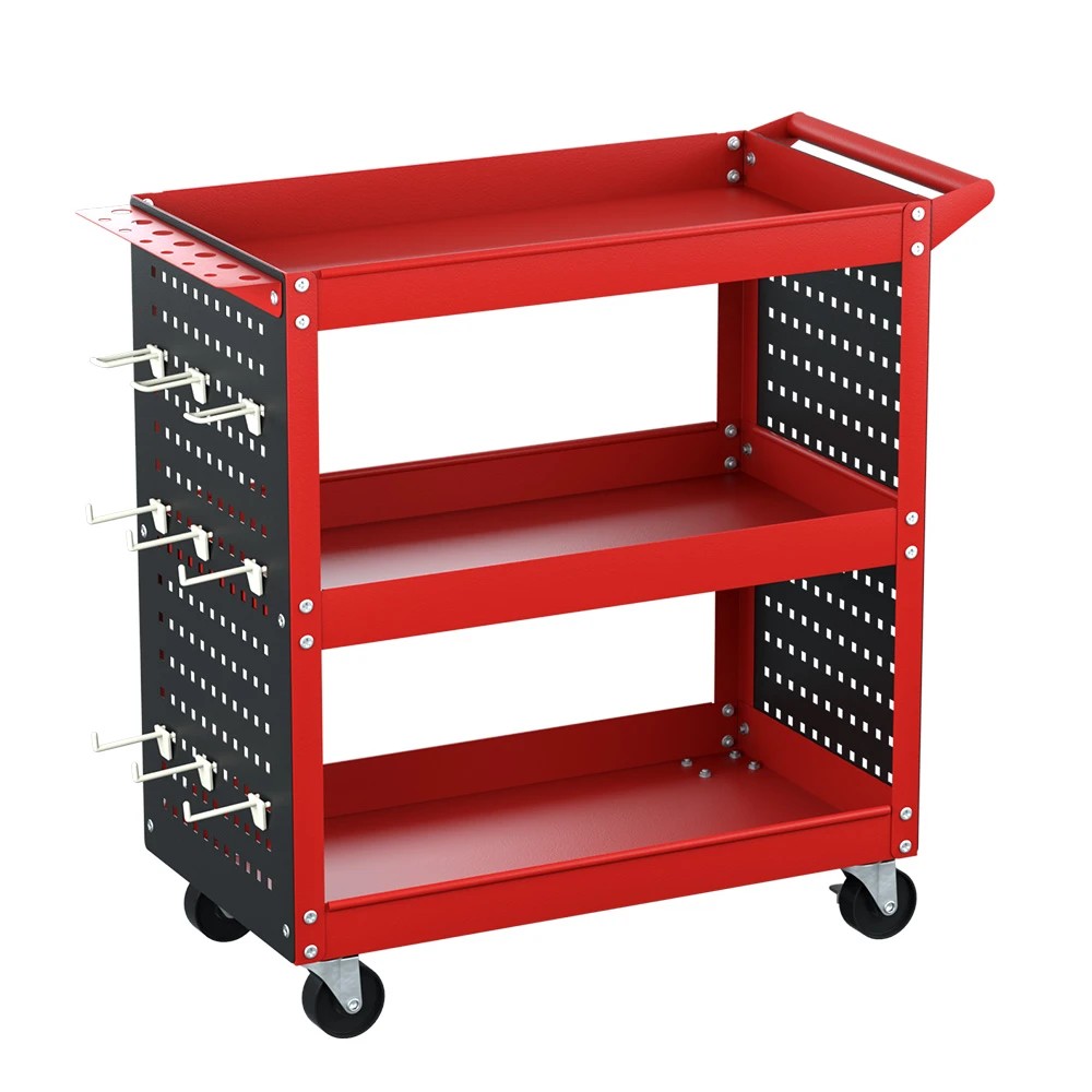 1 Giantz 3-Tier Tool Cart Storage Trolley Workshop Garage Pegboard Hooks - Red, 1 of 1