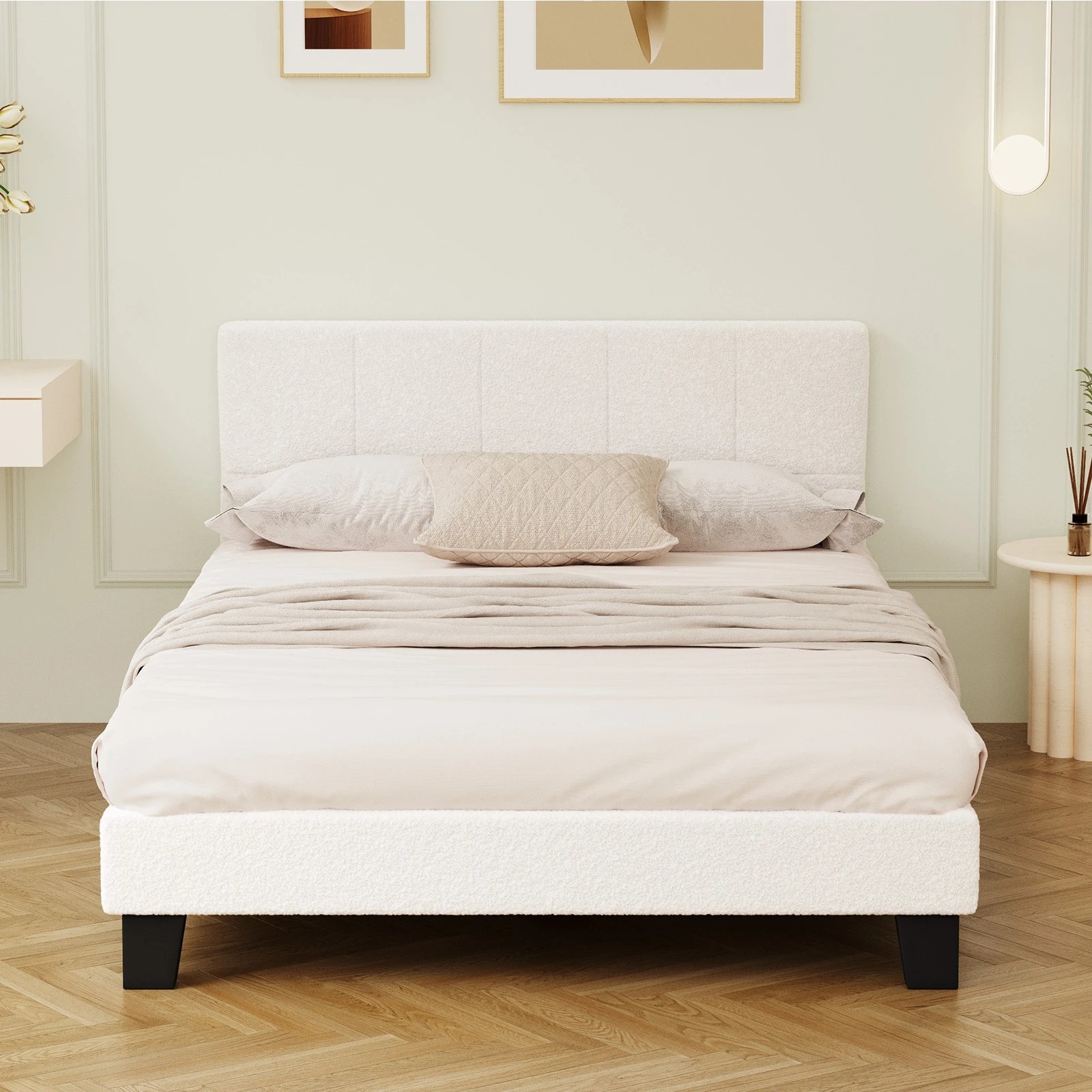 3 Oikiture Bed Frame Double Size Base White Boucle Tofu
 - White, 3 of 10