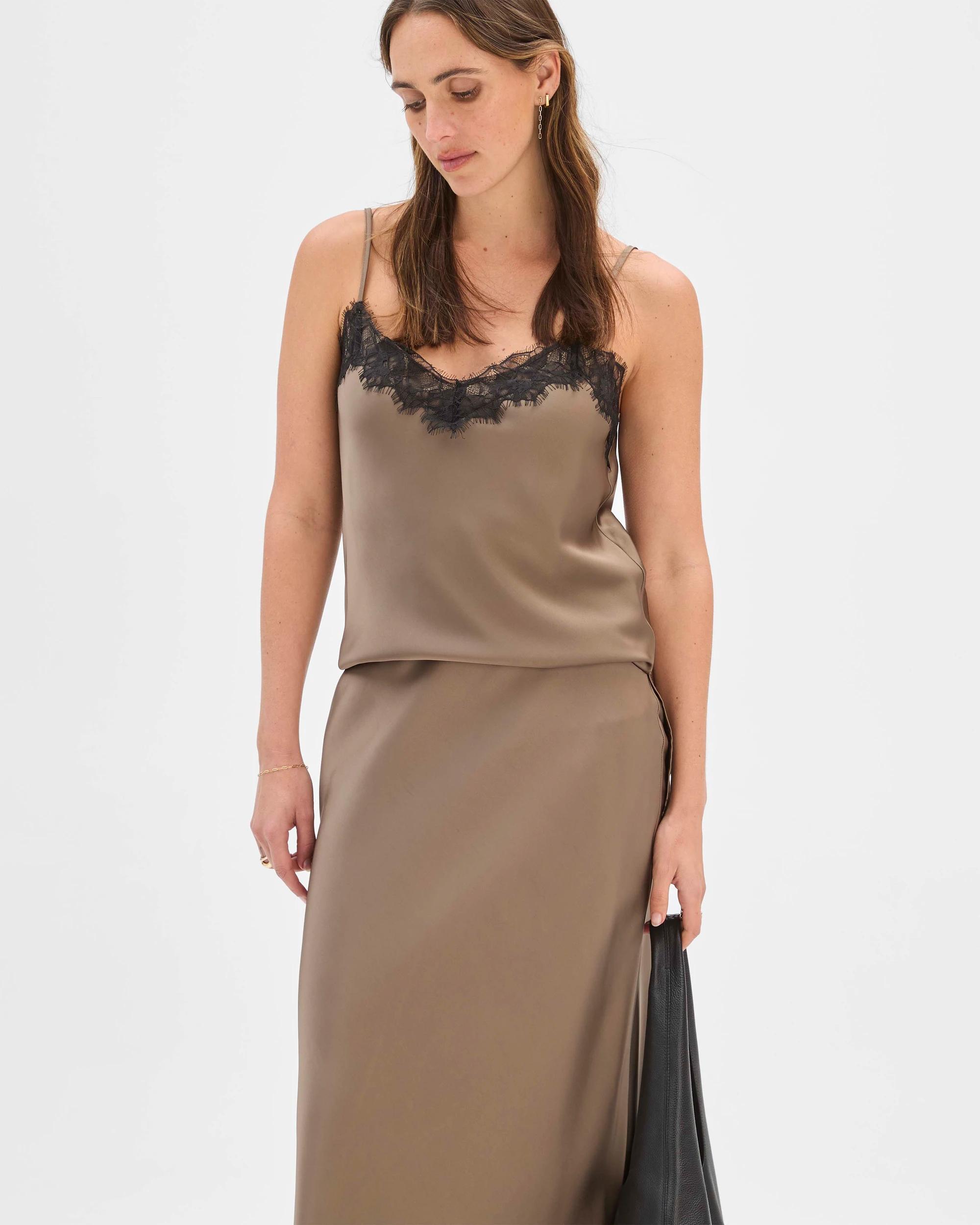 3 Preview Lace Trim Satin Midi Skirt SMOKED TAUPE, 3 of 7