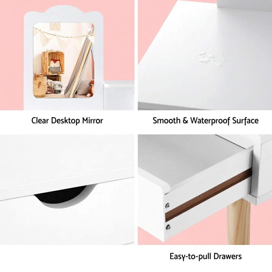 5 Keezi Kids Dressing Table Vanity Makeup Chair Set with Mirror Drawers Wooden Legs - White, 5 of 5