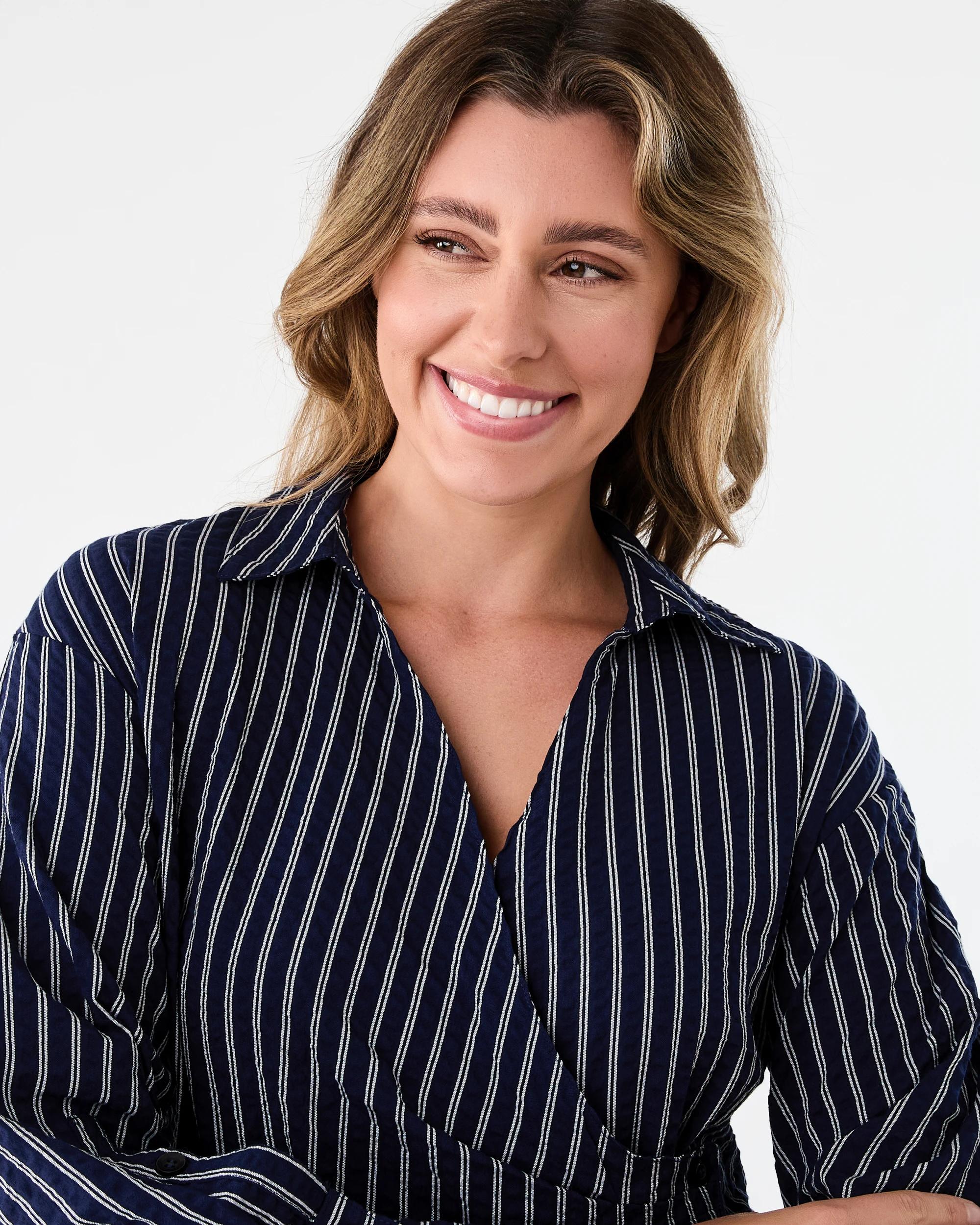 4 Long Sleeve Wrap Shirt Mini Dress Navy Strp, 4 of 8