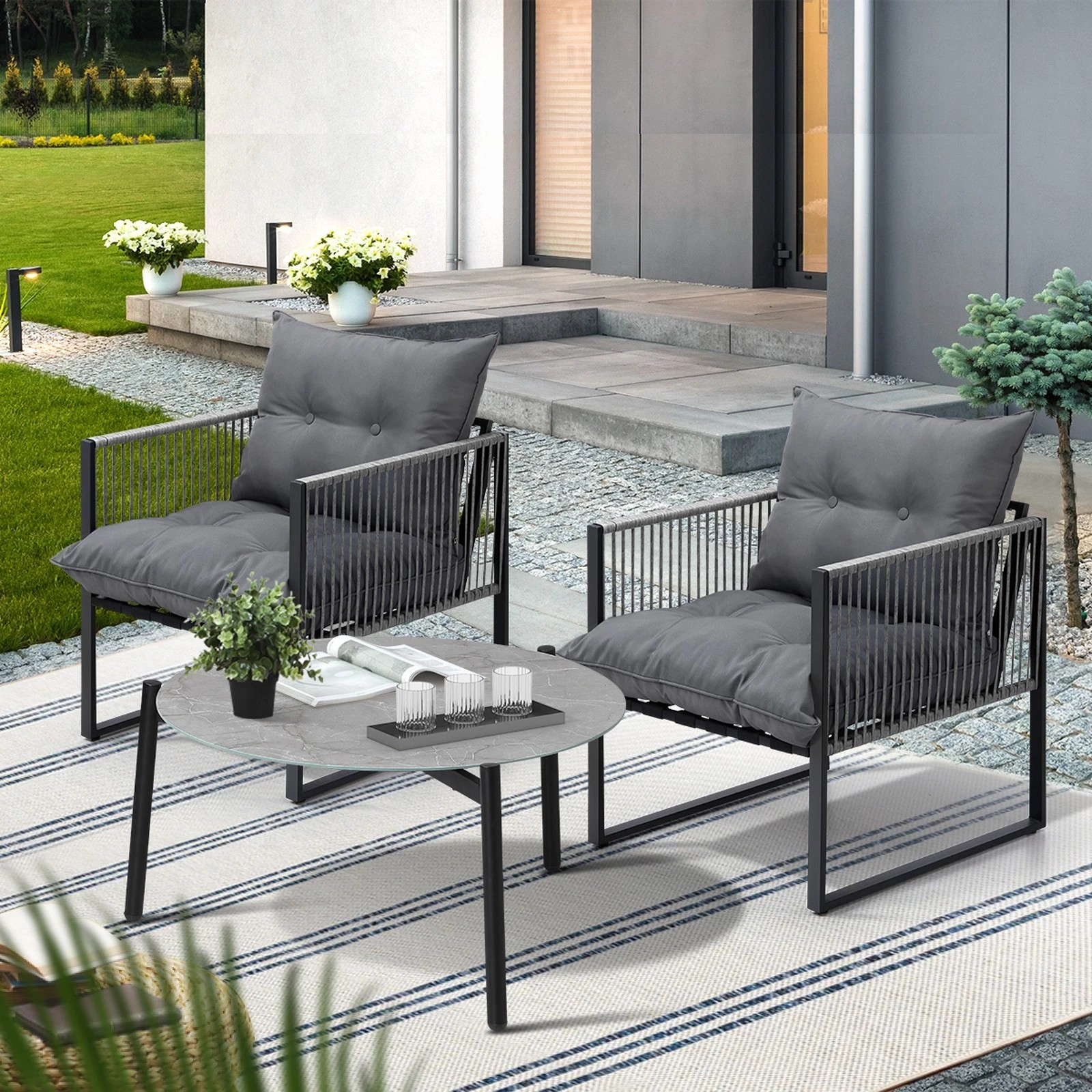 4 Livsip 3PCS Outdoor Patio Set Table Garden Lounge Chairs Grey 70cm Coffee Table - Multi, 4 of 9