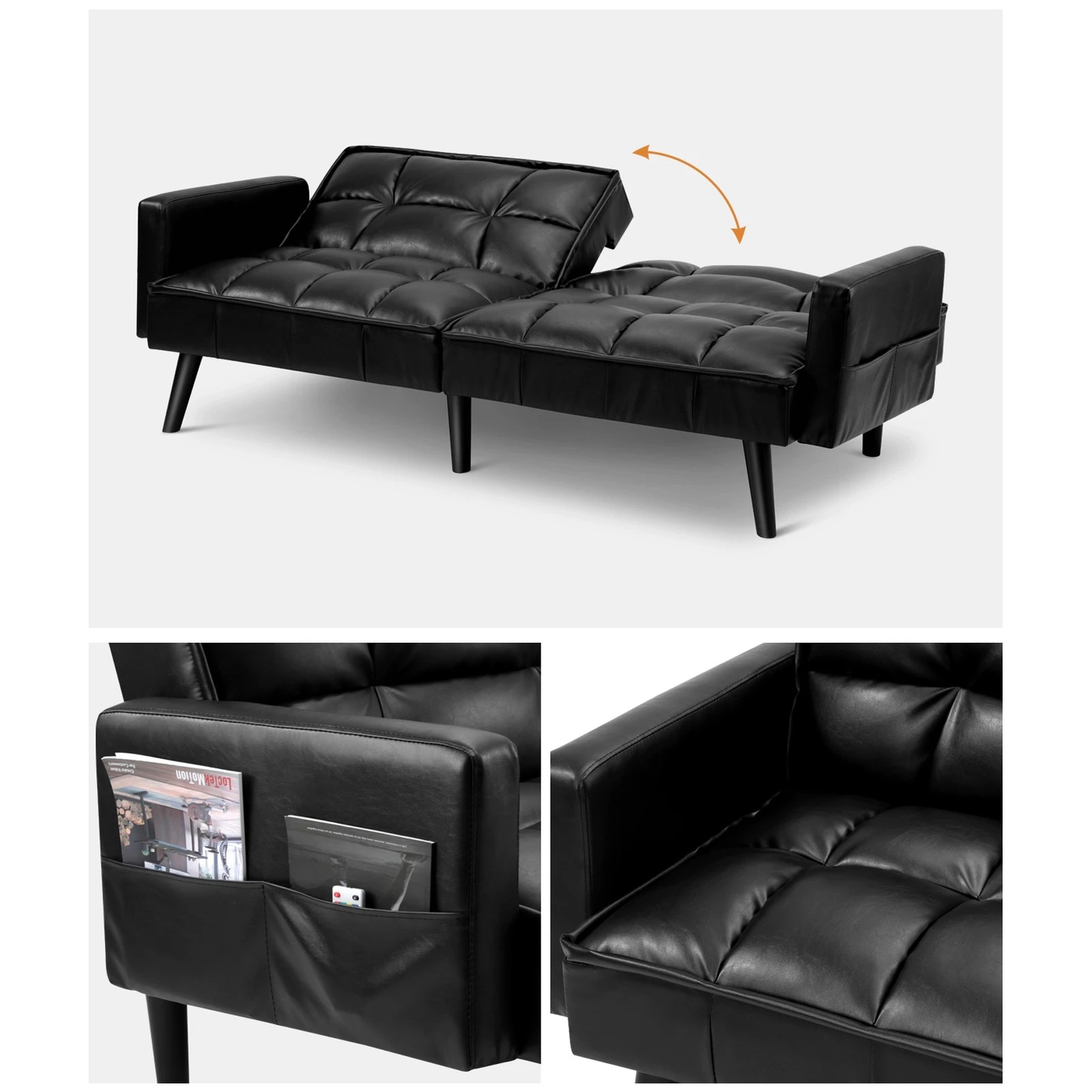 5 Oikiture Sofa Bed Futon Convertible Leather Lounge Couch 3-seater Recliner
 - Black, 5 of 10