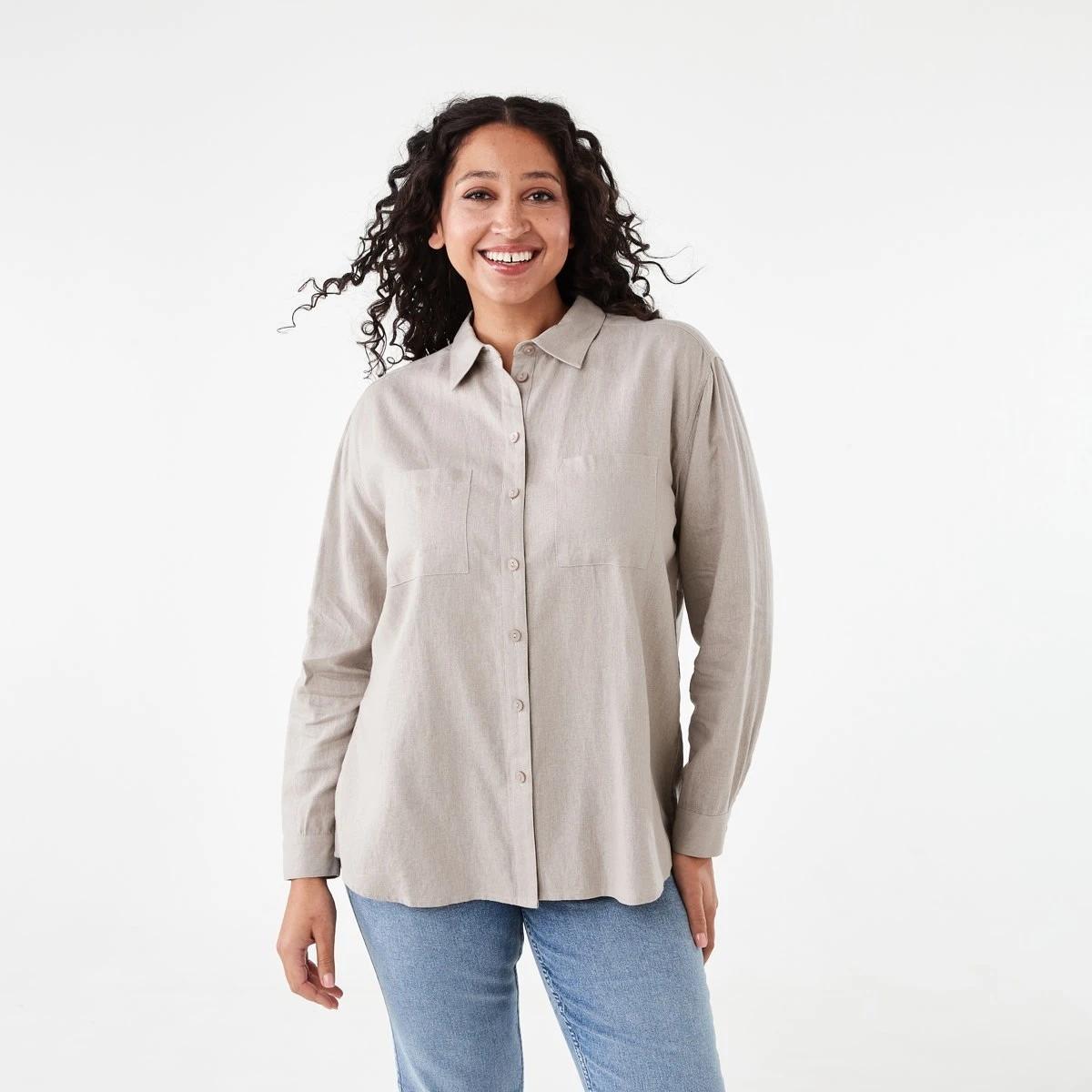 1 Long Sleeve Linen Blend Shirt Grey Taupe, 1 of 7