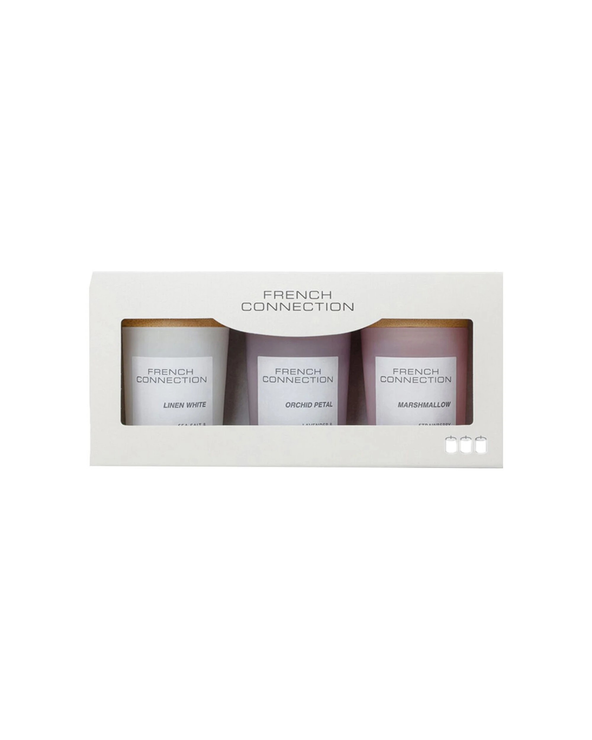 1 French Connection 3pc Orchid Petal, Linen, and Marshmallow Candle Set 50g - Multi, 1 of 4