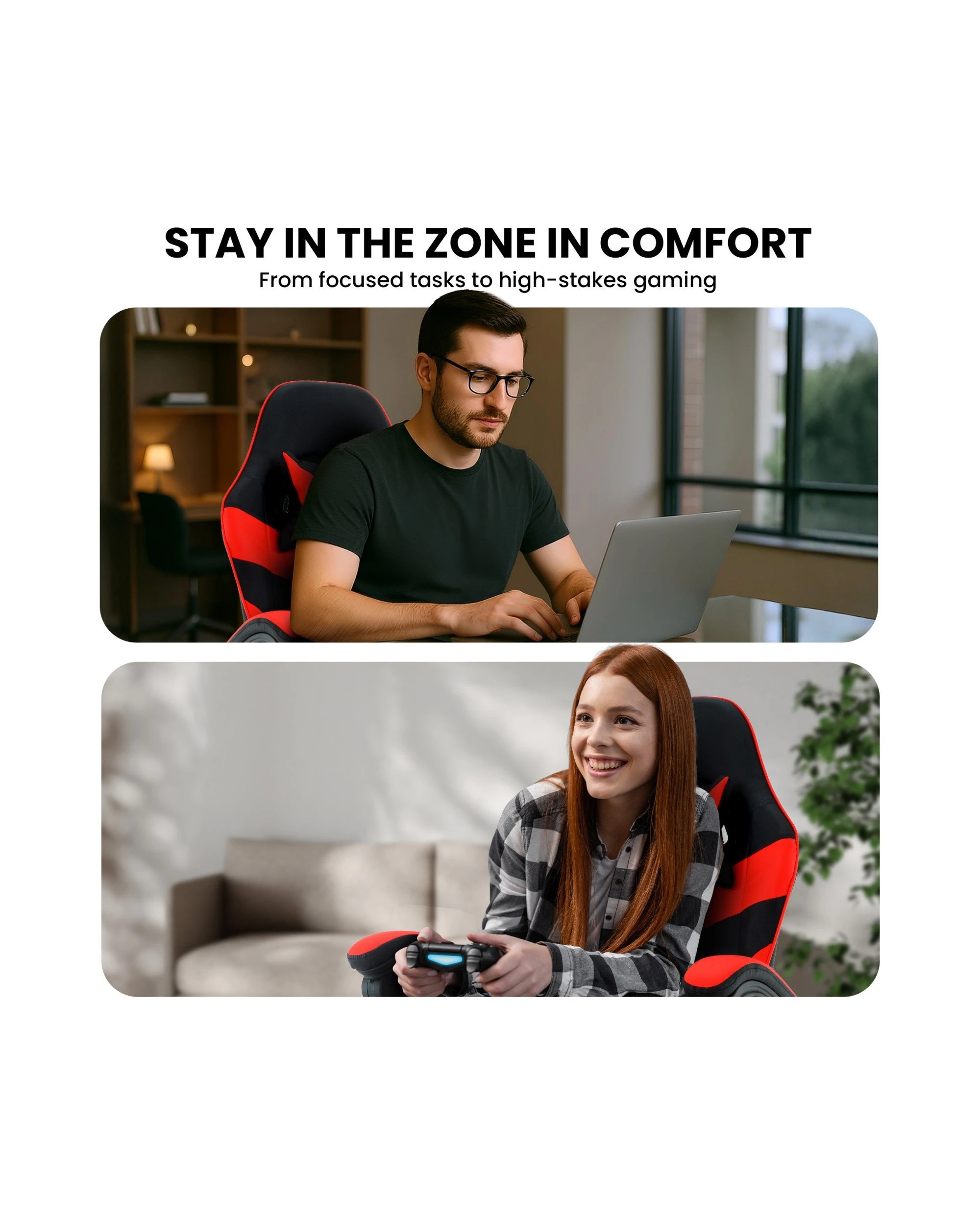 6 Sarantino Cueva Reclining High Back Office Gaming Chair with Retractable Footrest Office Computer Seating Black Red, 6 of 9