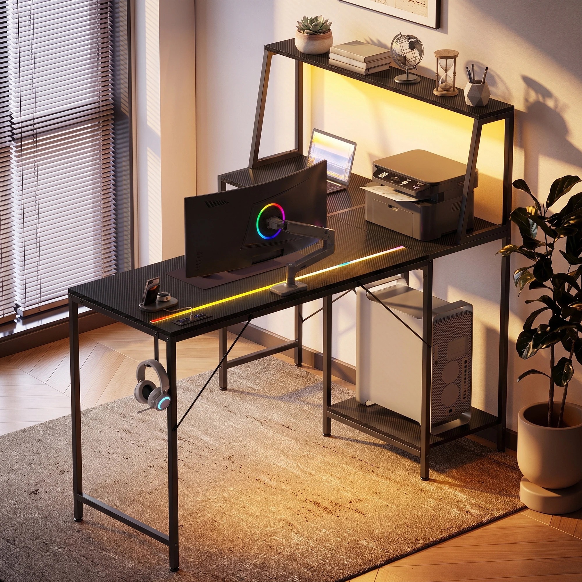 6 Advwin 135cm LED Gaming Desk w/ Adjustable Recessed Shelf & Power Outlets Carbon Fiber Reversible Computer Desk - Black, 6 of 10