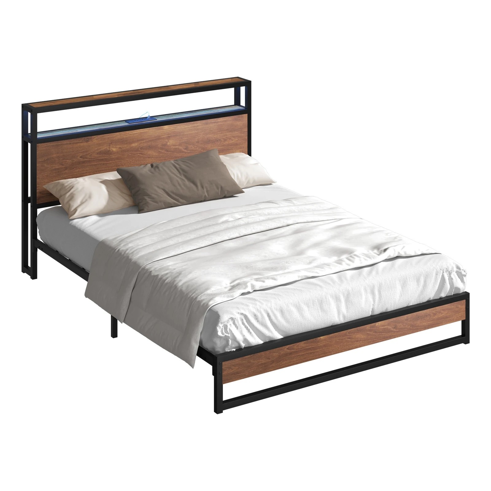 1 Oikiture Metal Bed Frame Double Size Led Light Storage Headboard Usb Charge
 - Black, 1 of 7