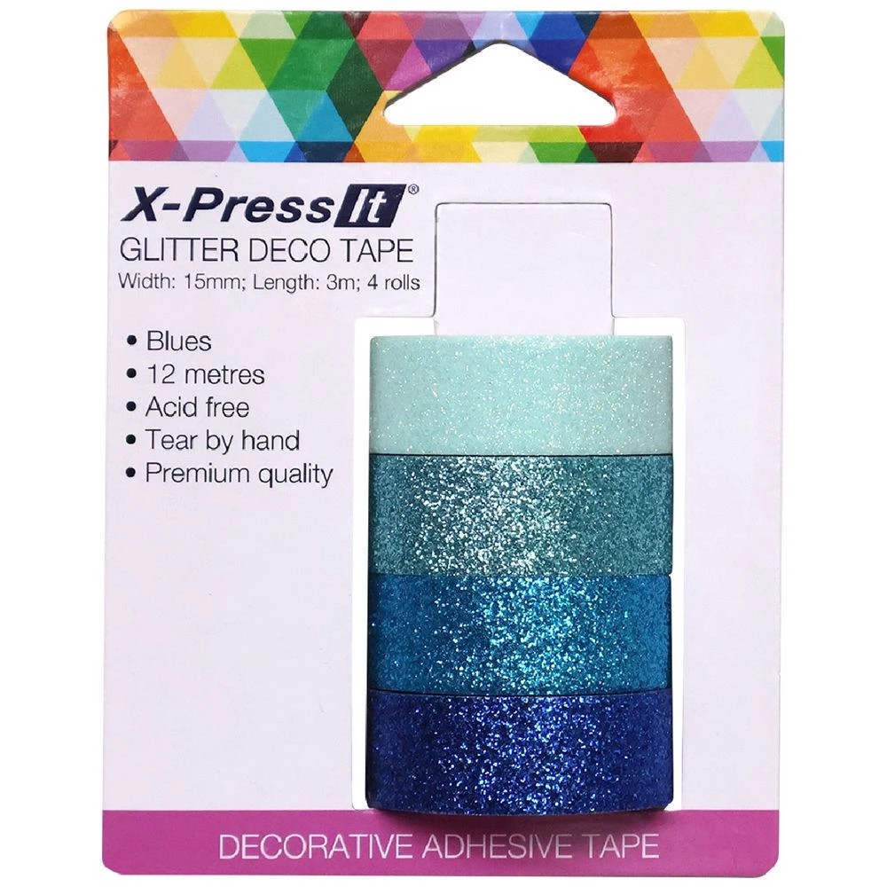 1 X-Press It Glitter Deco Tape 15mm x 3m Blue 4 Pack, 1 of 3