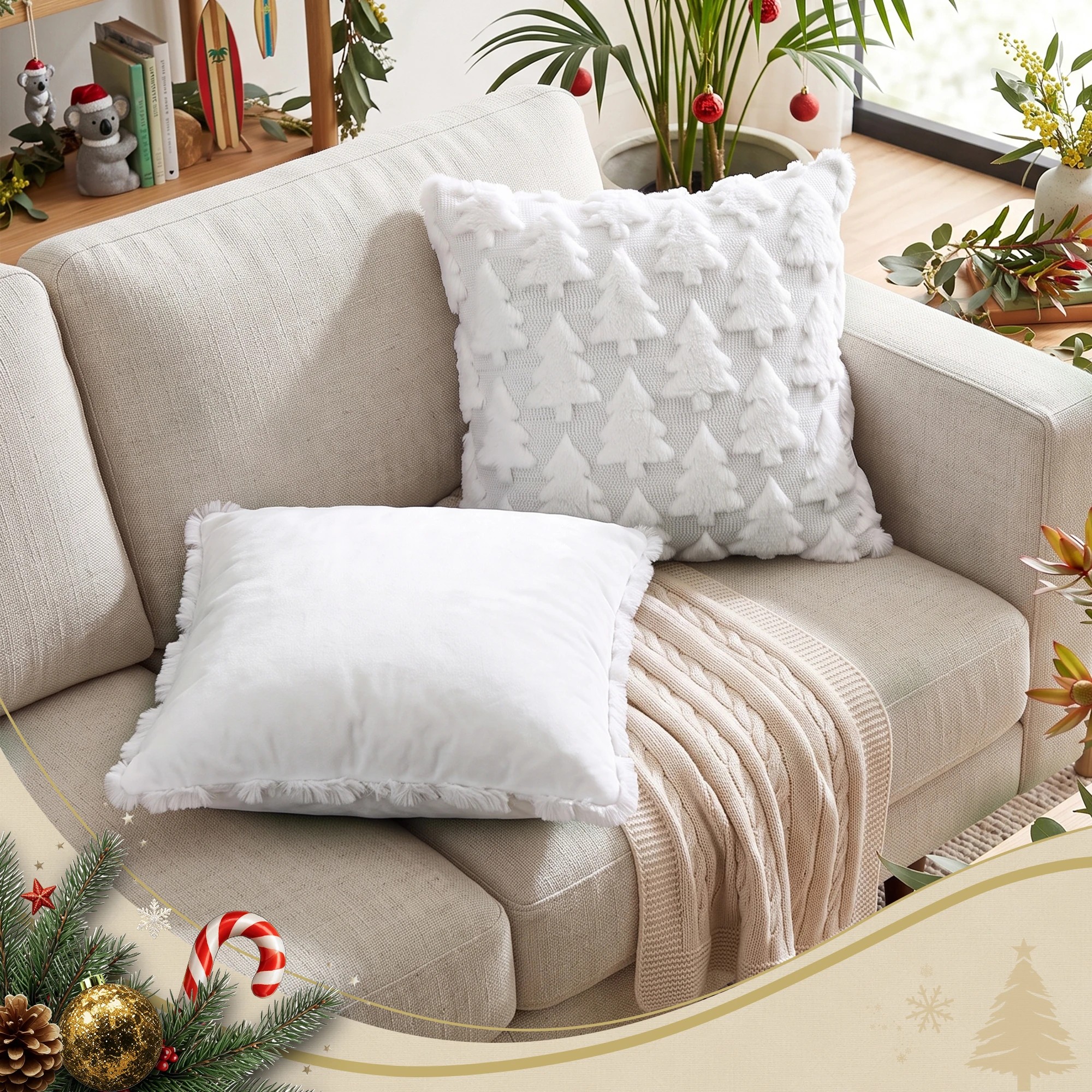 7 Jingle Jollys Christmas Tree Pillow Covers 2 Packs Cushion Covers Soft Faux Fur Jacquard 45 x 45cm White - White, 7 of 8