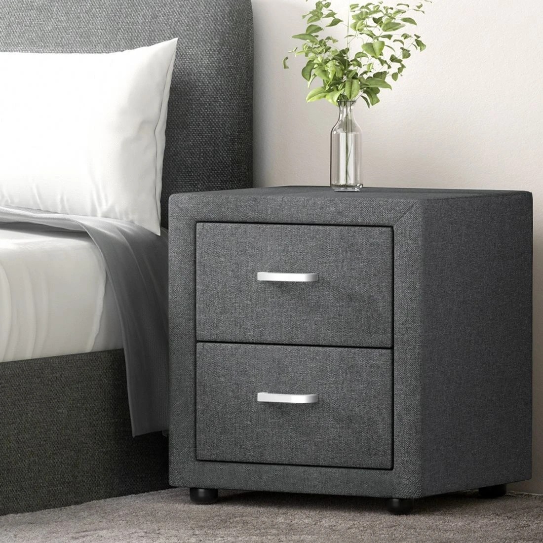 3 Artiss 2X Bedside Table 2 Drawers Side Table Fabric - Grey, 3 of 9