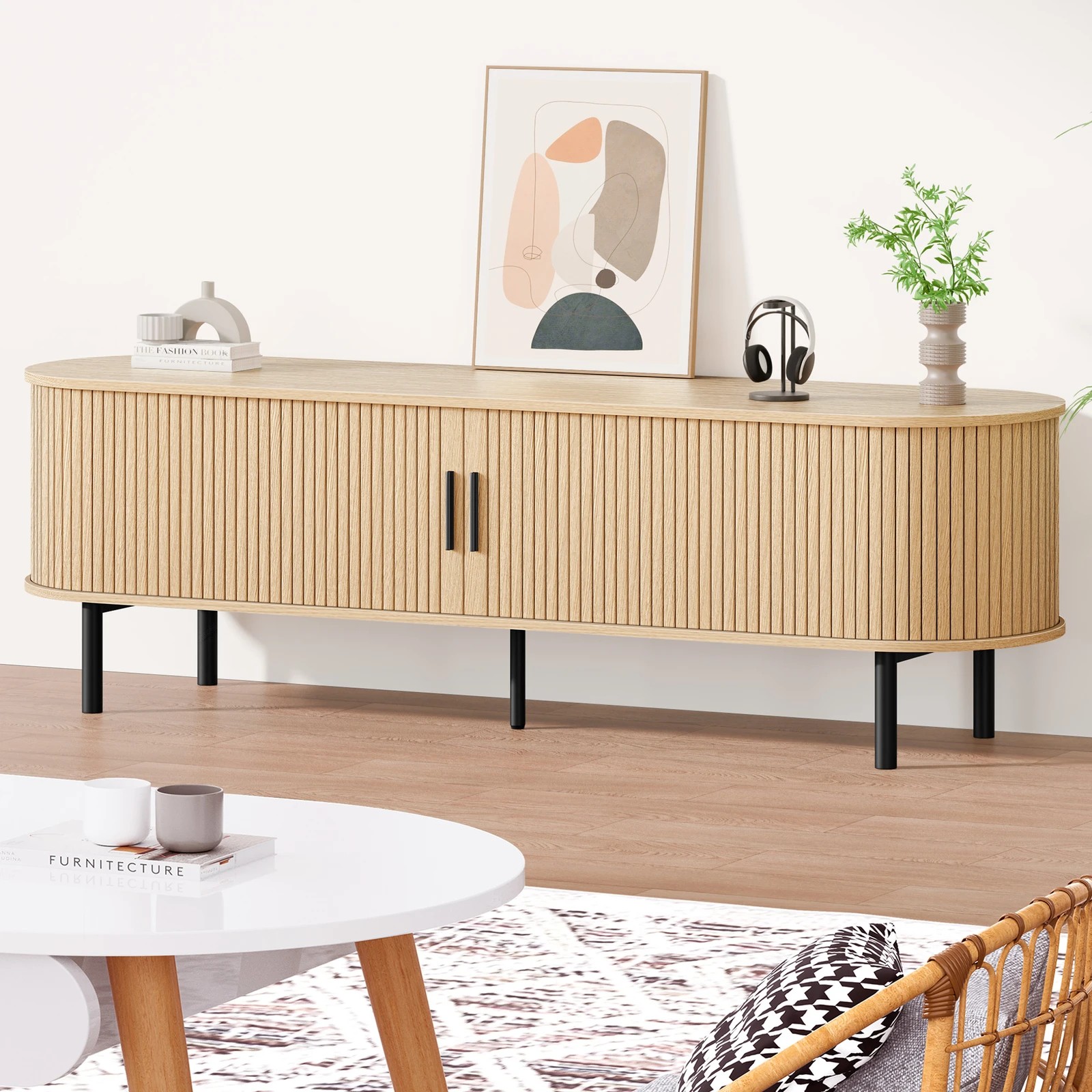 2 Alfordson TV Cabinet 160cm Entertainment Unit Stand Tambour Sliding Doors  - Oak, 2 of 4