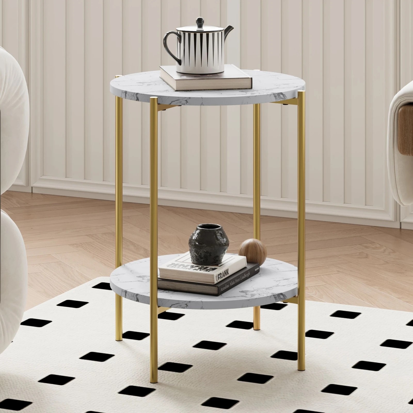 7 Alfordson Side Table Bedside Table Sofa End Nightstand Marble Shelf - Gold, 7 of 7