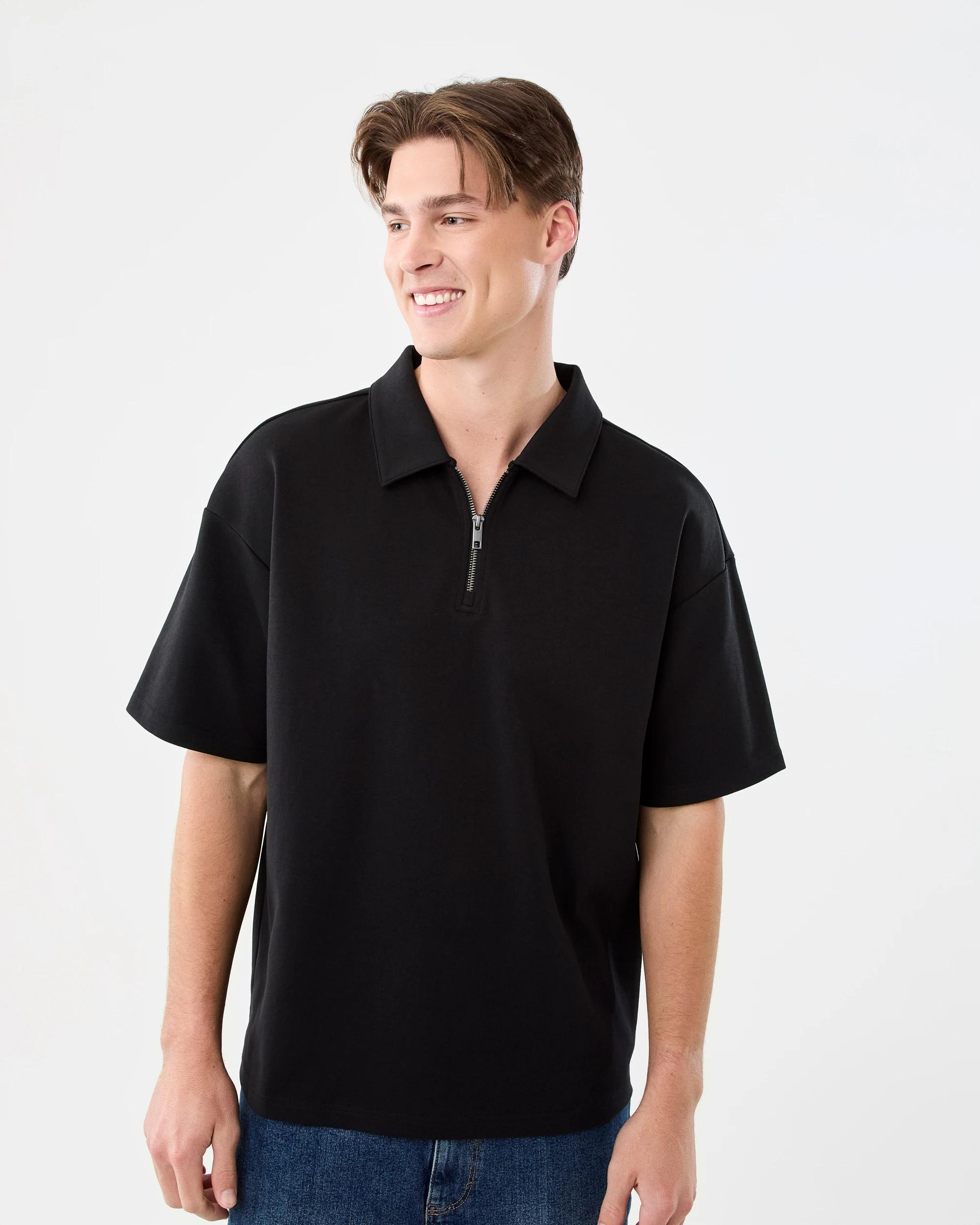 1 1/4 Zip Interlock Polo Shirt Black, 1 of 5