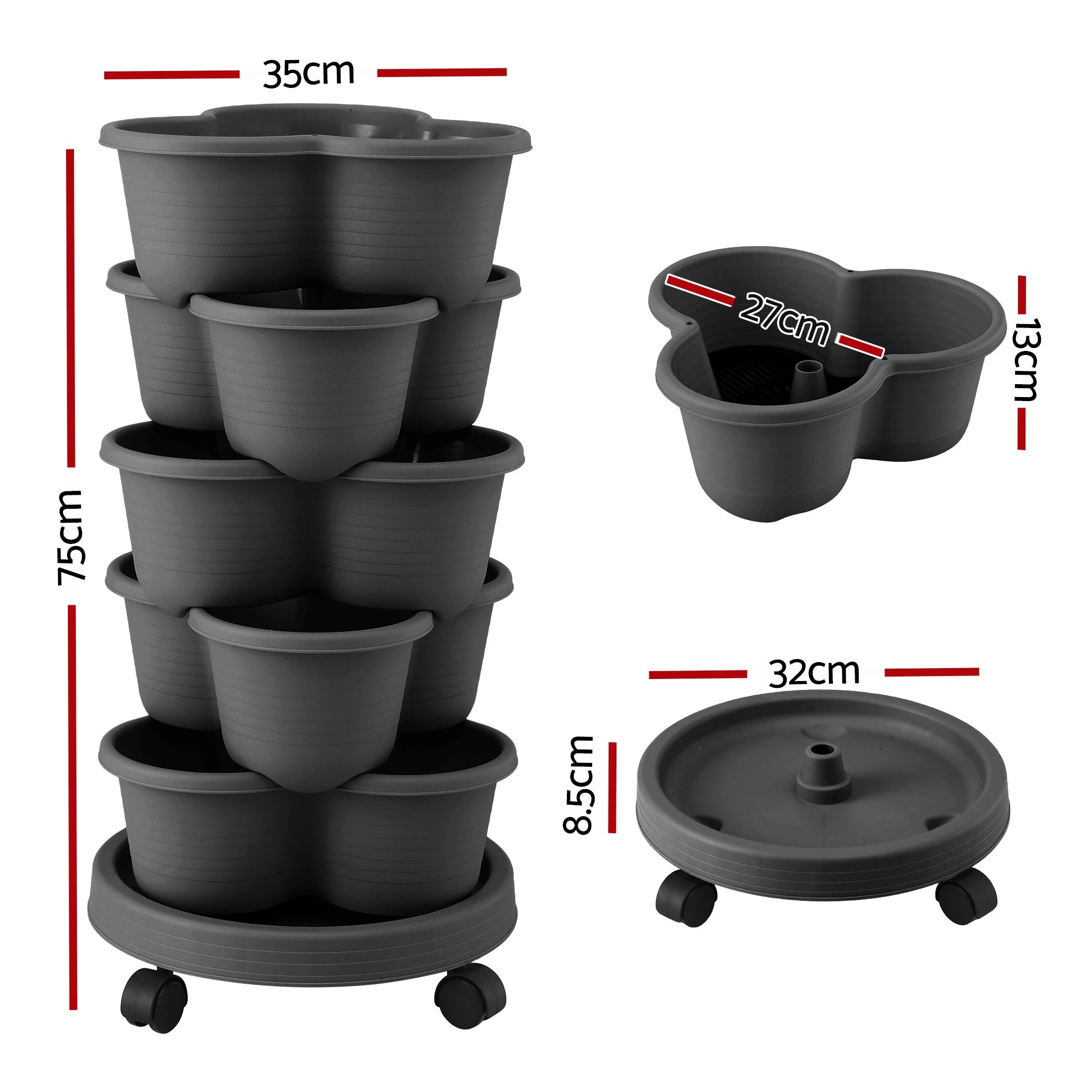 2 Green Fingers 5 Tier Vertical Garden Planter Movable Stackable Strawberry Pots with 4 Wheels - Grey, 2 of 4