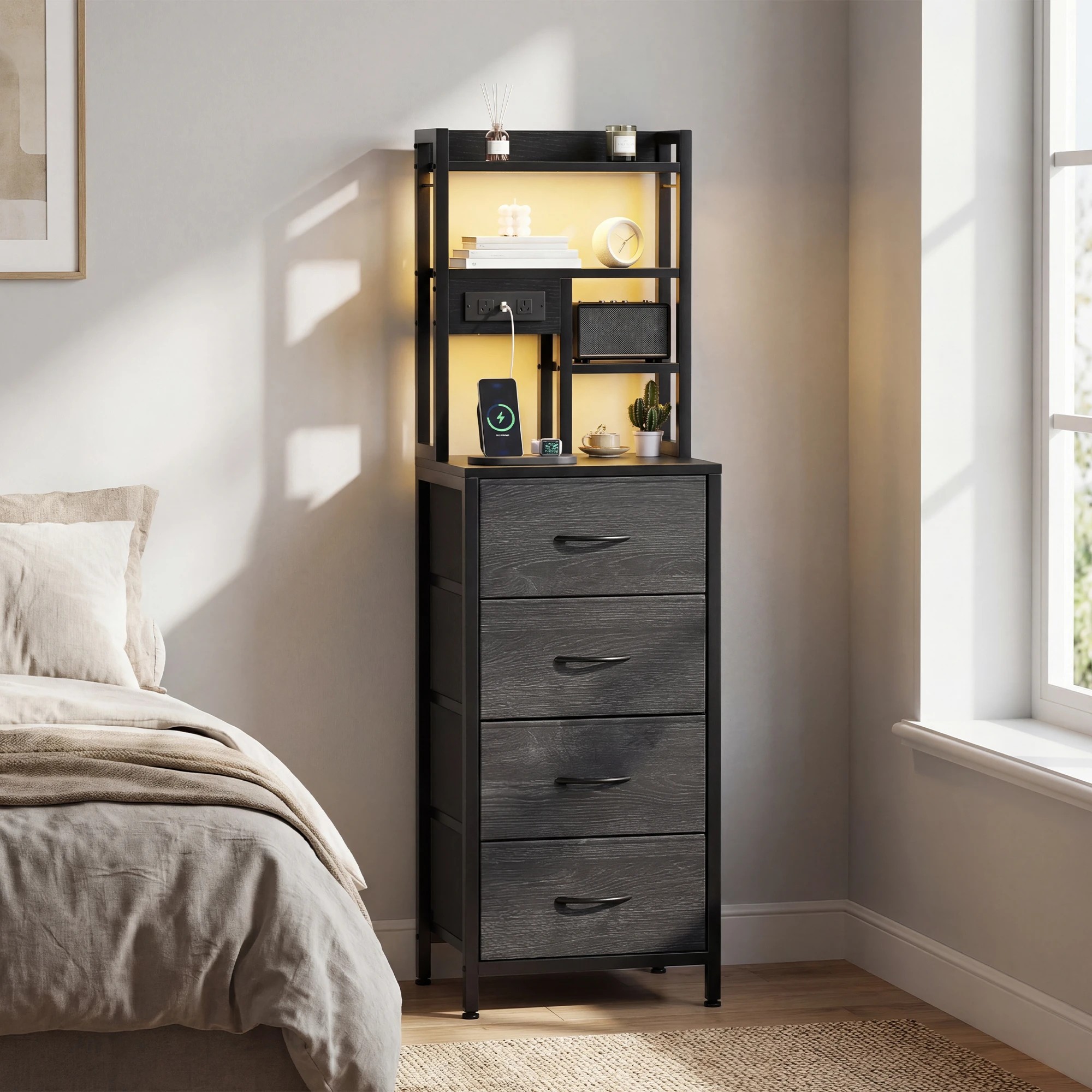 2 Advwin LED Tall Bedside Table with Charging Station 4 Drawers Open Shelves - Black, 2 of 9