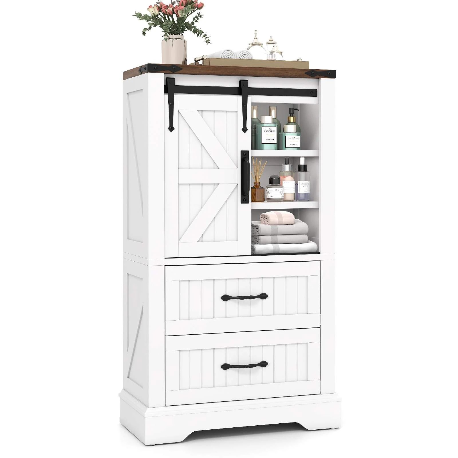4 Costway Farmhouse Bathroom Floor Cabinet w/2 Storage Drawers & Sliding Door, 4 of 4