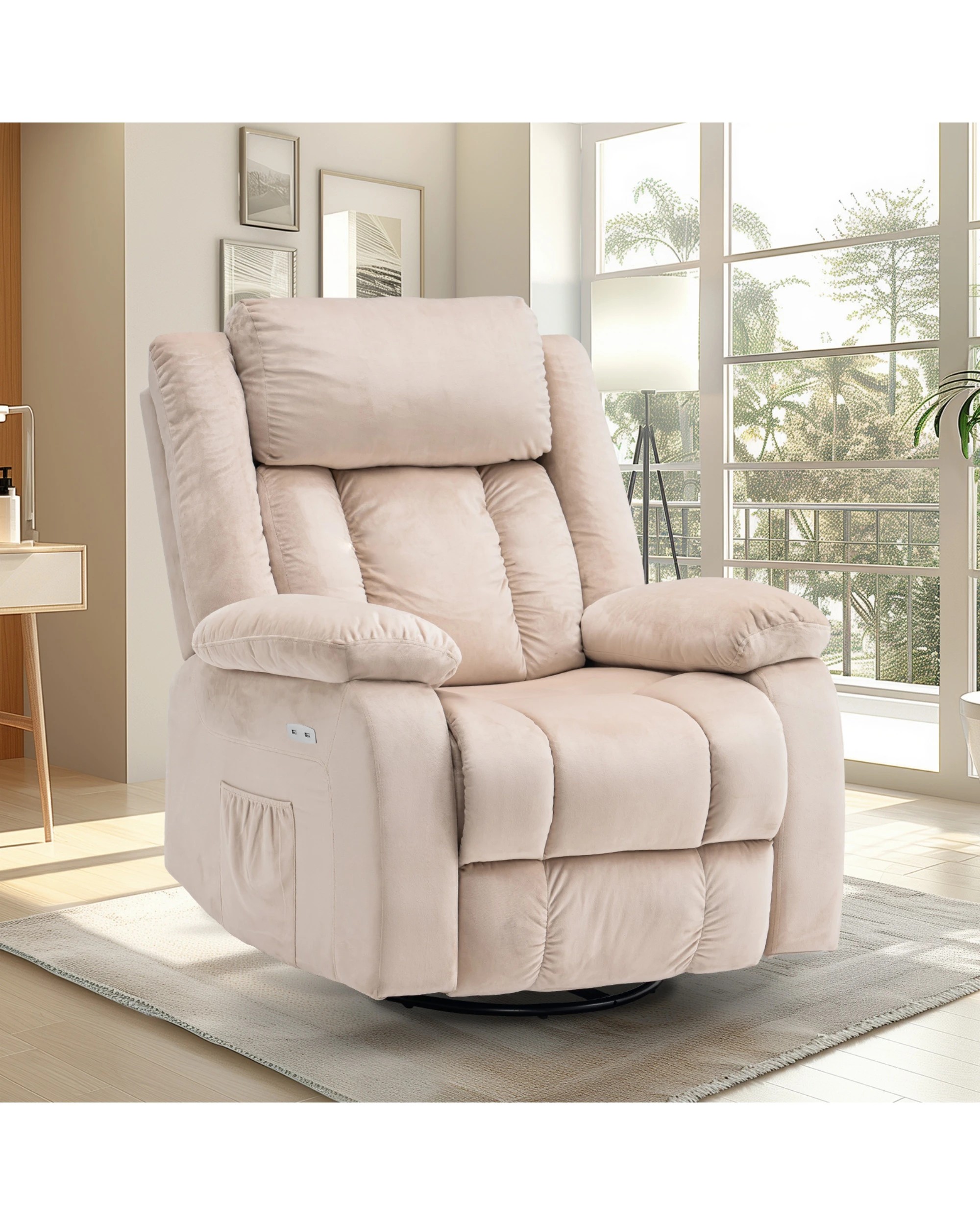 3 Advwin Recliner Chair Electric Heat Massage Lounge Armchair Rotatable Velvet - Beige, 3 of 8