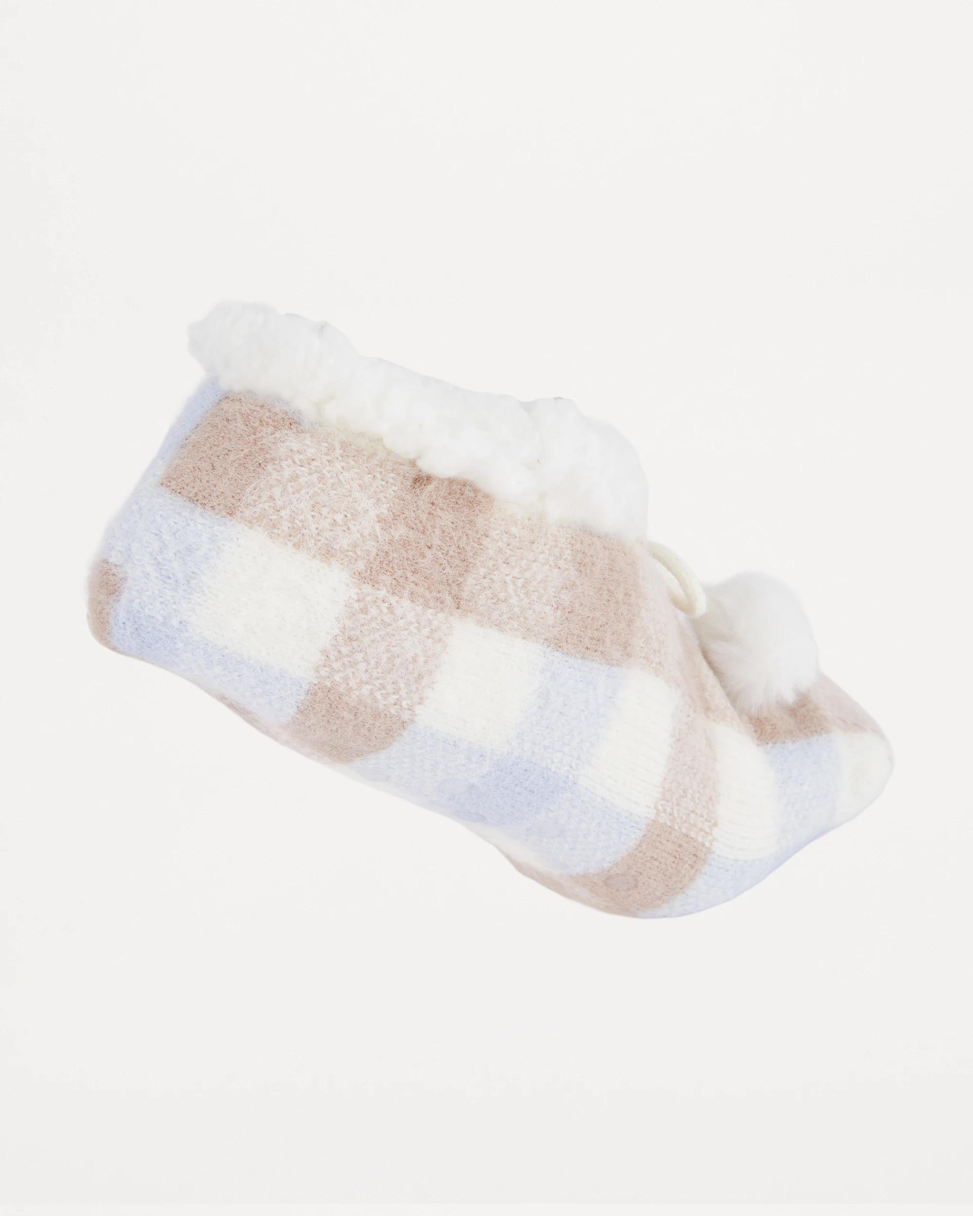 3 Sherpa Pom Pom Sockette Blue Check, 3 of 4