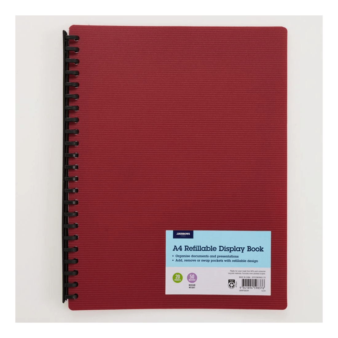 1 J.Burrows A4 Refillable Display Book 20 Pockets Red, 1 of 5