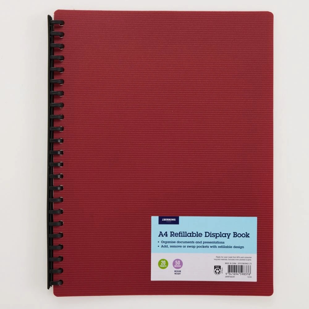 1 J.Burrows A4 Refillable Display Book 20 Pockets Red, 1 of 5