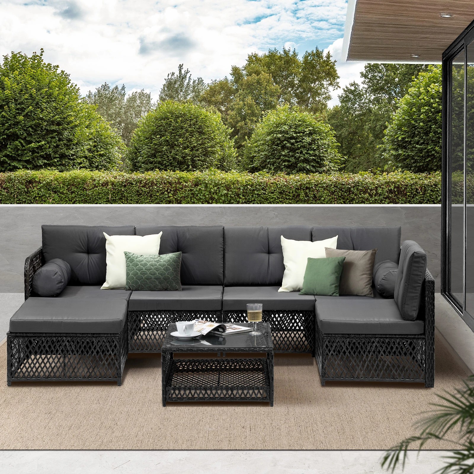 4 Livsip Outdoor Sofa Set 6 Seater Wicker Lounge Setting - Black, 4 of 8