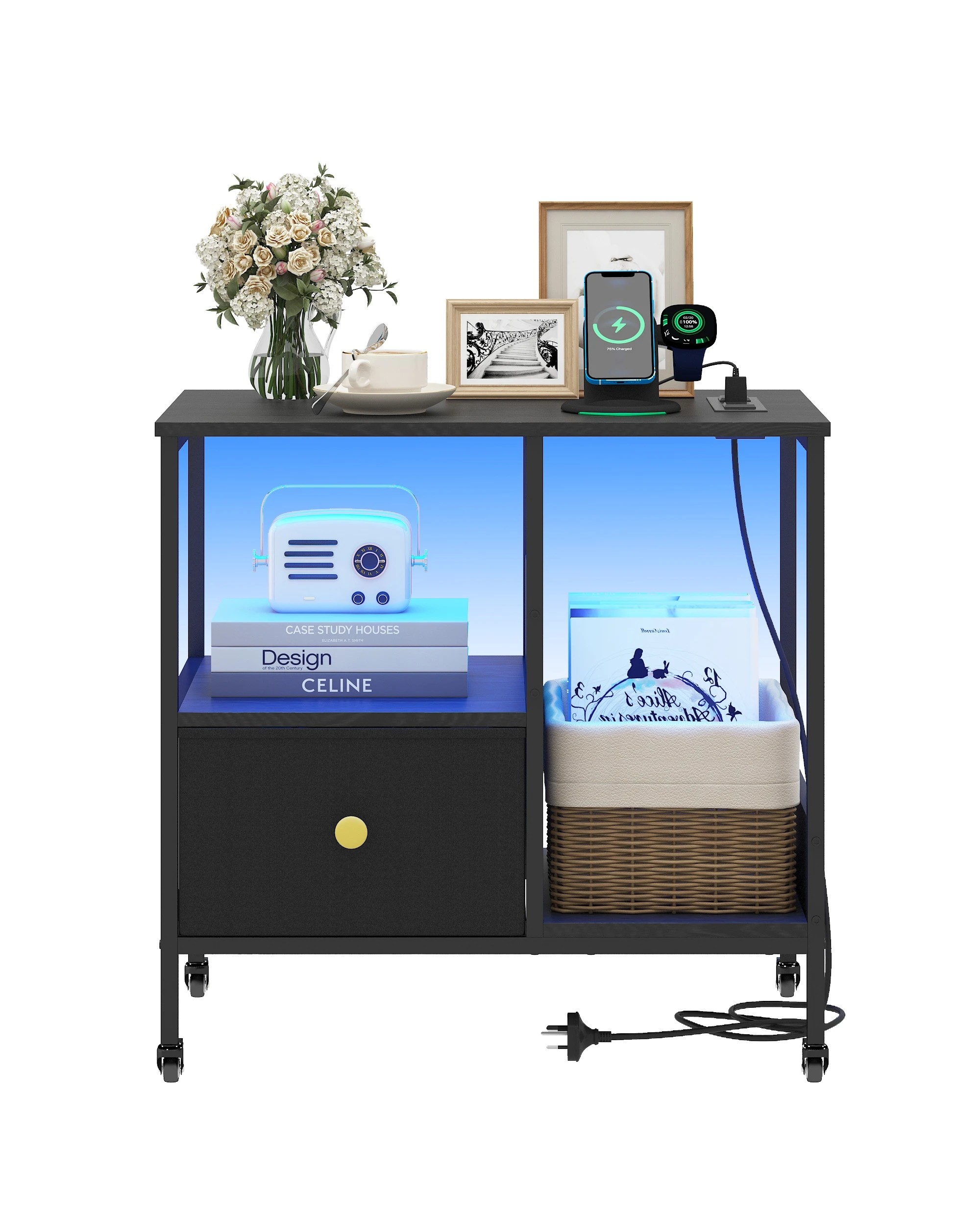 7 Advwin LED Side Table Set of 2 Sofa End Table w/ Power Outlets & Wheels Slim Bedside Table w/Reversible Drawer  - Black, 7 of 9