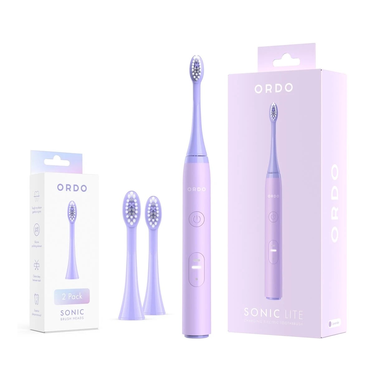 1 Ordo Sonic Lite Charging Electric Toothbrush and 2 Pack Sonic Brush Heads - Lavender, 1 of 8