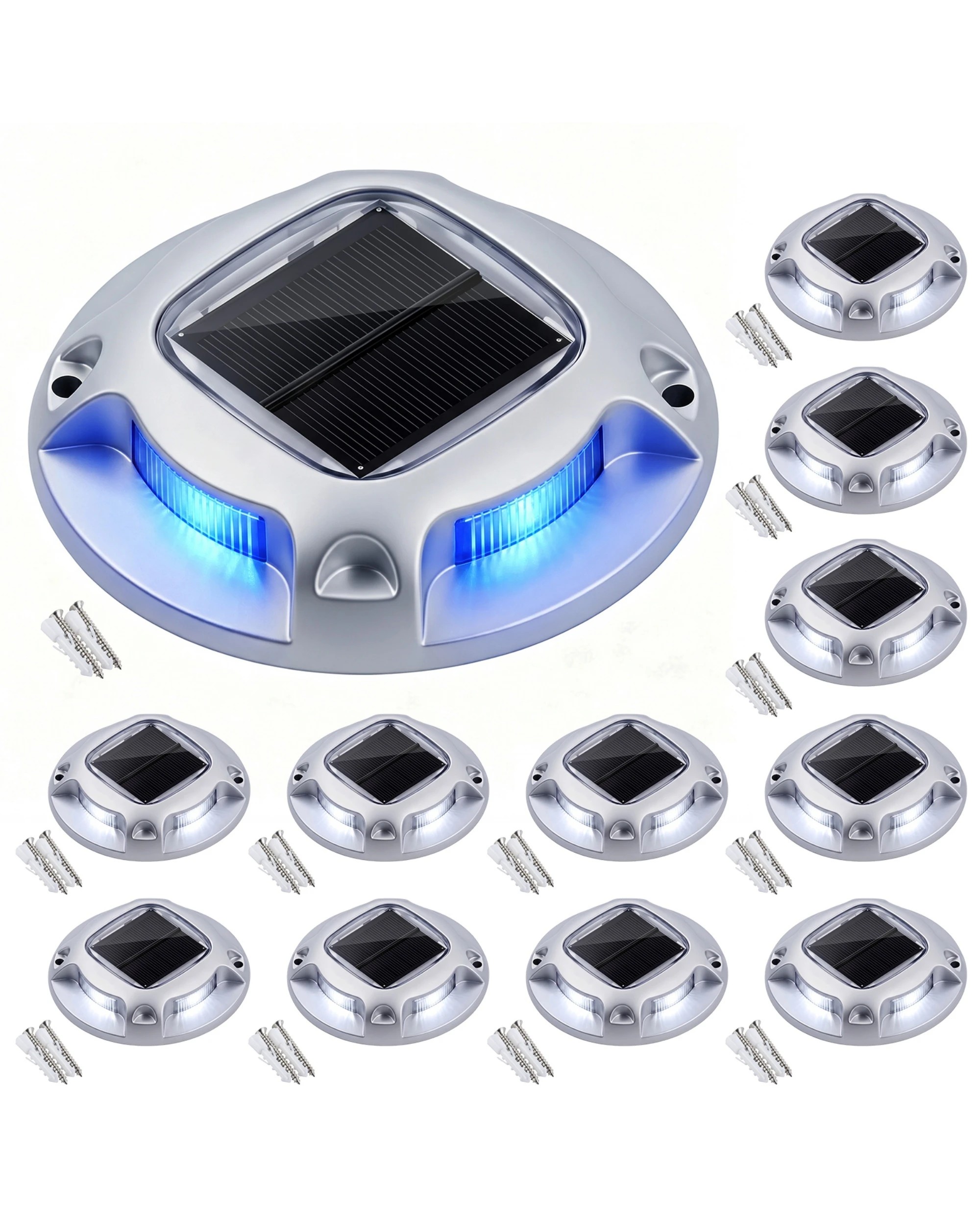 1 Advwin Solar Deck Lights 12 Pack, 2 Color in 1 Driveway Lights 8 LEDs P68, Outdoor Dock Lights Up to 16H - Silver, 1 of 8