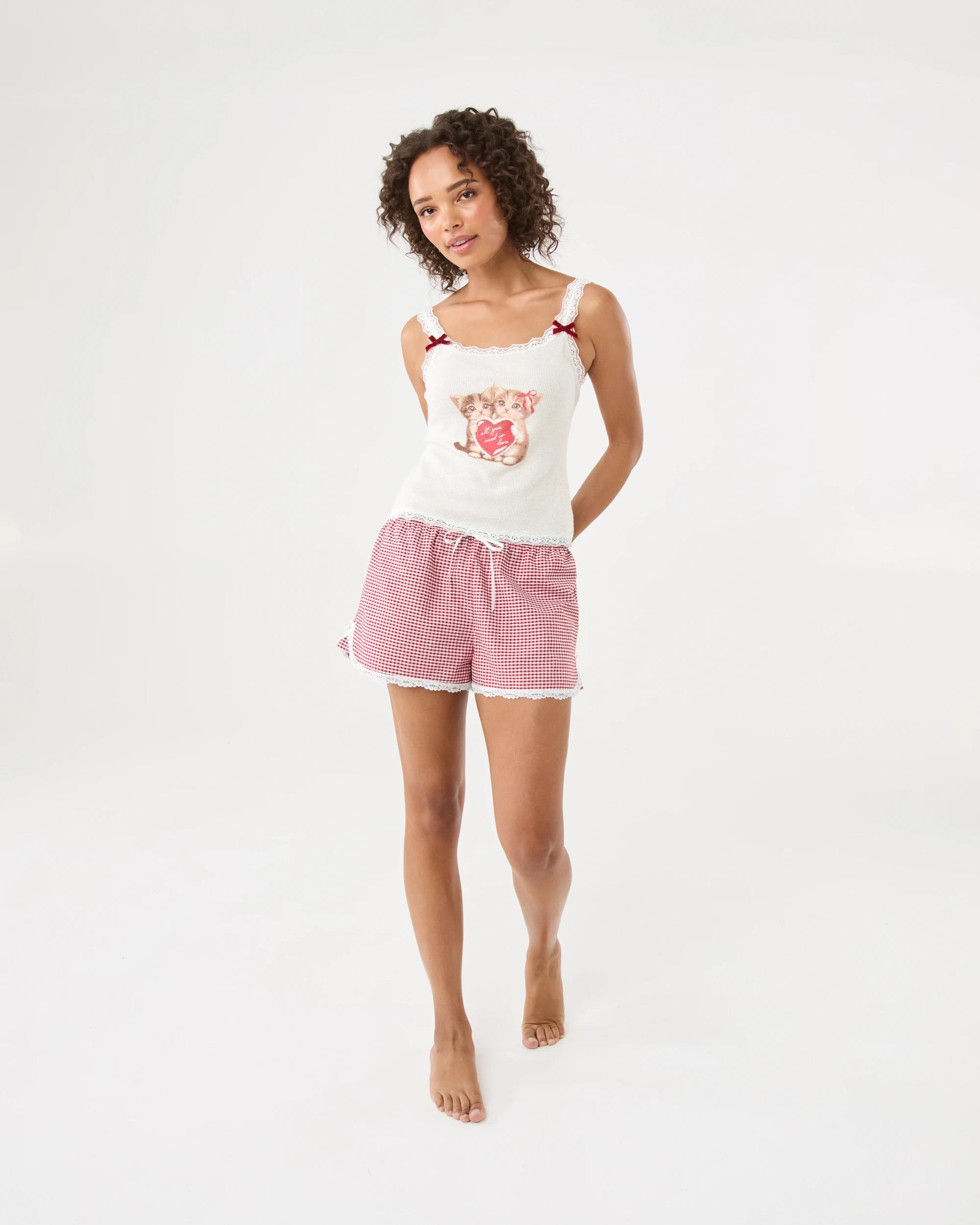 2 Cotton Yarn Dyed Lace Trim Woven Shorts Red Ging, 2 of 8