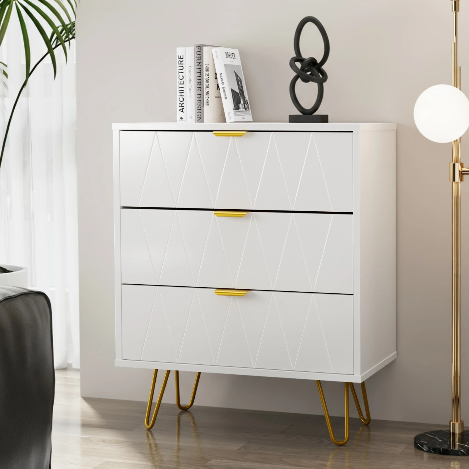 3 Oikiture 3 Chest of Drawers Gold Handles Dresser Lowboy Storage Cabinet - White, 3 of 9