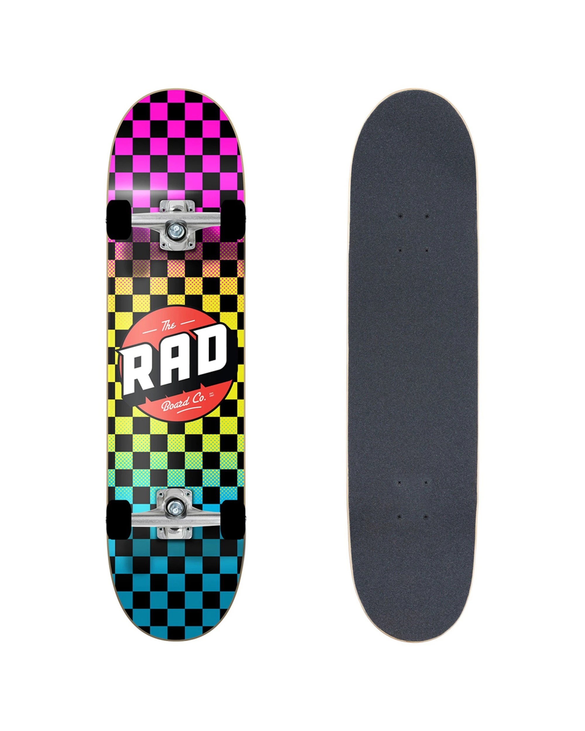 1 Rad Board Co Complete Skateboard Dude Crew Checker Neon Fade Deck Width 7.7" - Multi, 1 of 2
