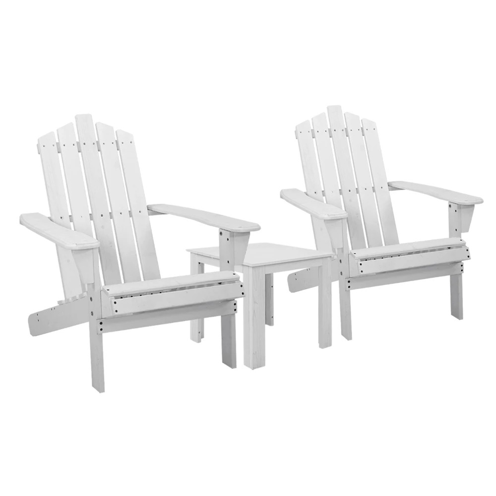 1 Gardeon 3PC Adirondack Outdoor Table and Chairs Wooden Beach Chair - White, 1 of 7